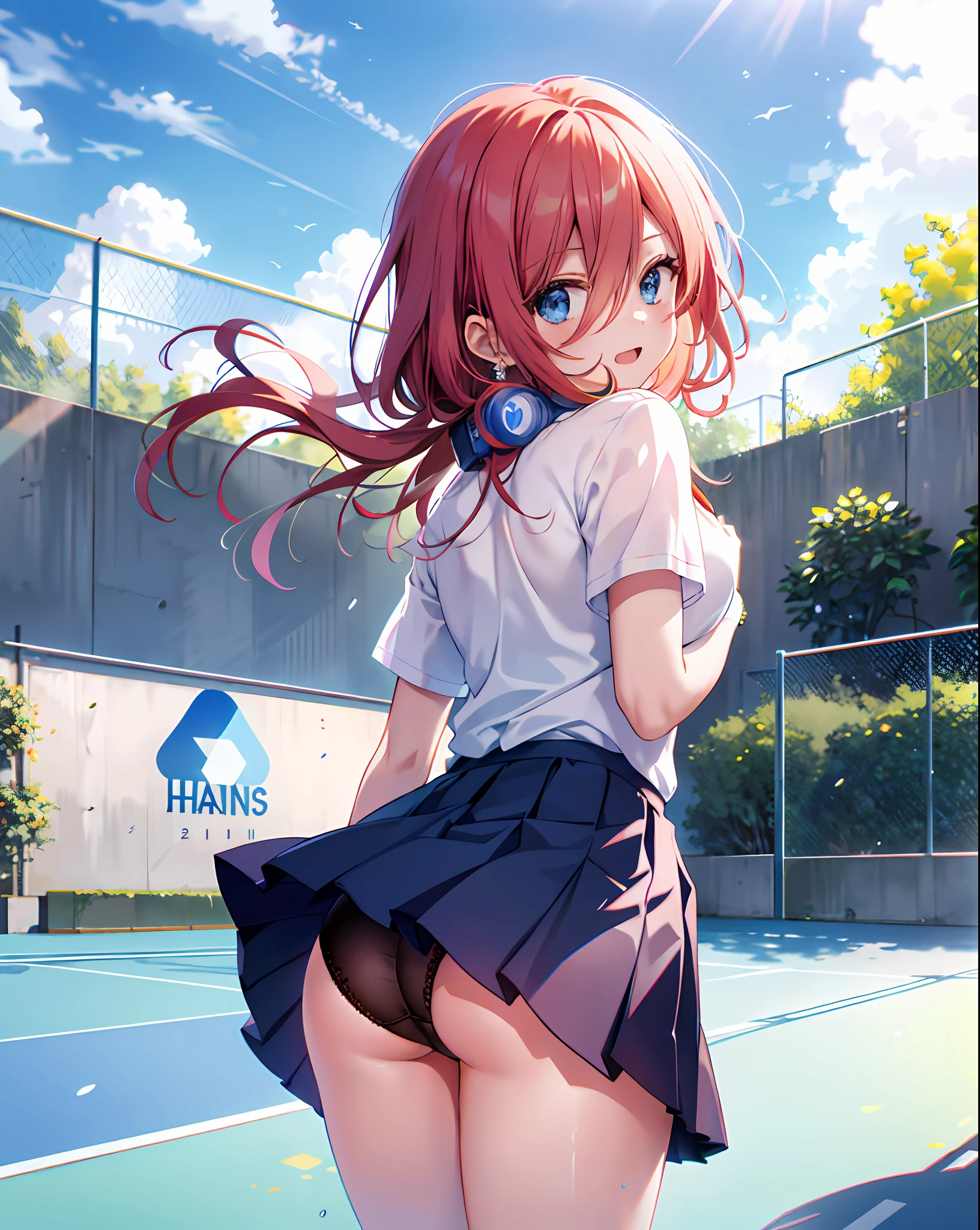 Absurd, high resolution, break watch viewer, cowboy shot, (from below: 1.5) Break (Vivid colors: 1.3), (: 1.2), Red hair, blue eyes, tennis uniform, hair clips, earrings, jewelry, NM1, headphones around the neck, tennis cosplay, (pleated super short skirt: 1.4), (thighs: 1.3) , (Very clean panties: 1.2), backwards, skirt lift, show-off panties, lift yourself, (big buttocks), (butt view: 1.6), big, (smile: 1.3), mouth open, (chest: 1.3), buttocks, round eyes, (blown by the wind: 0.5), sweat around the girl, dripping sweat, squall (wind: 1.2), speed, refreshing breeze, Motion blur effect, wind, (pants invisible: 1.4) Break Background (tennis court: 1.3), blue sky with clouds, outdoor, (spectacular panoramic view: 1.2), multiple people behind (tennis court: 1.3), wind break sunlight, magnificent view, rainbow in the sky, particles of light, dynamic angle, Dutch angle, perspective break (daytime, sunbeams: 1.2), depth of field, Bokeh, light leakage, (chromatic aberration: 1.2), break at noon