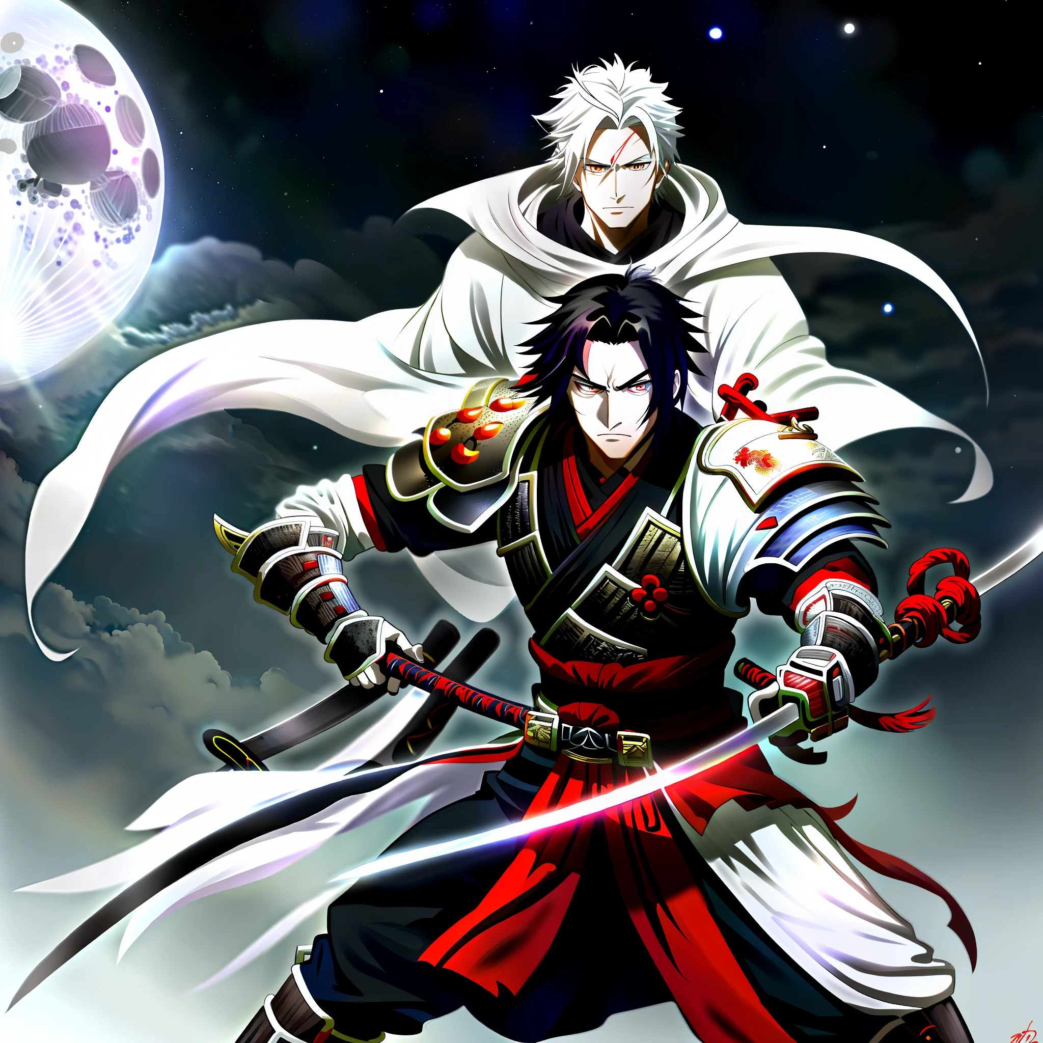 male samurai,white,with black hair,with a red sword,with white eyes,at night,full moon,hd,best picture,wallpaper,anime photography,drawing, hd