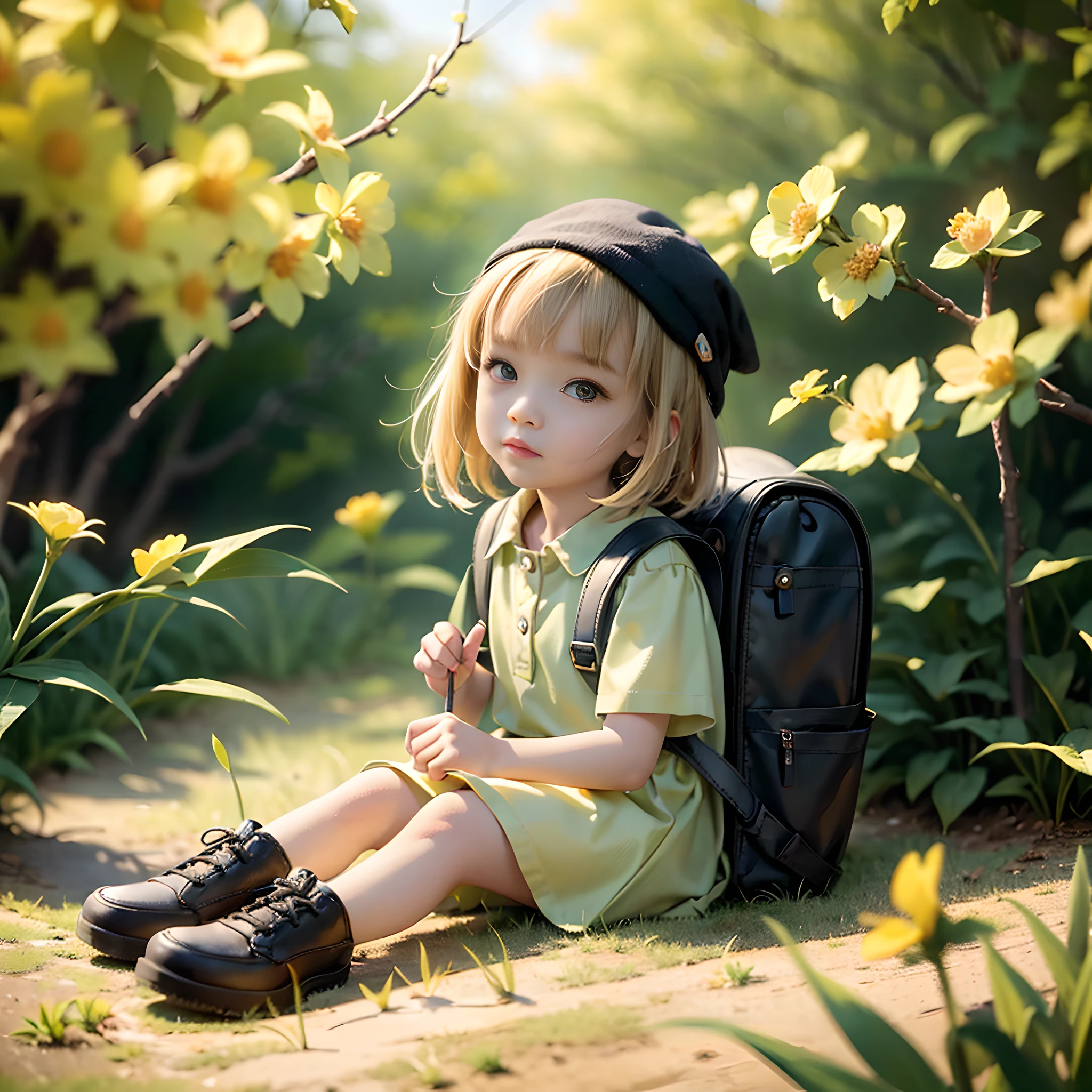 Tips: A very charming *********** with a backpack, cute little dog, enjoying a cute spring outing surrounded by beautiful yellow flowers and nature, this illustration is HD illustration in 4K resolution with very detailed facial features and cartoon style visuals, realistic, deep in the forest