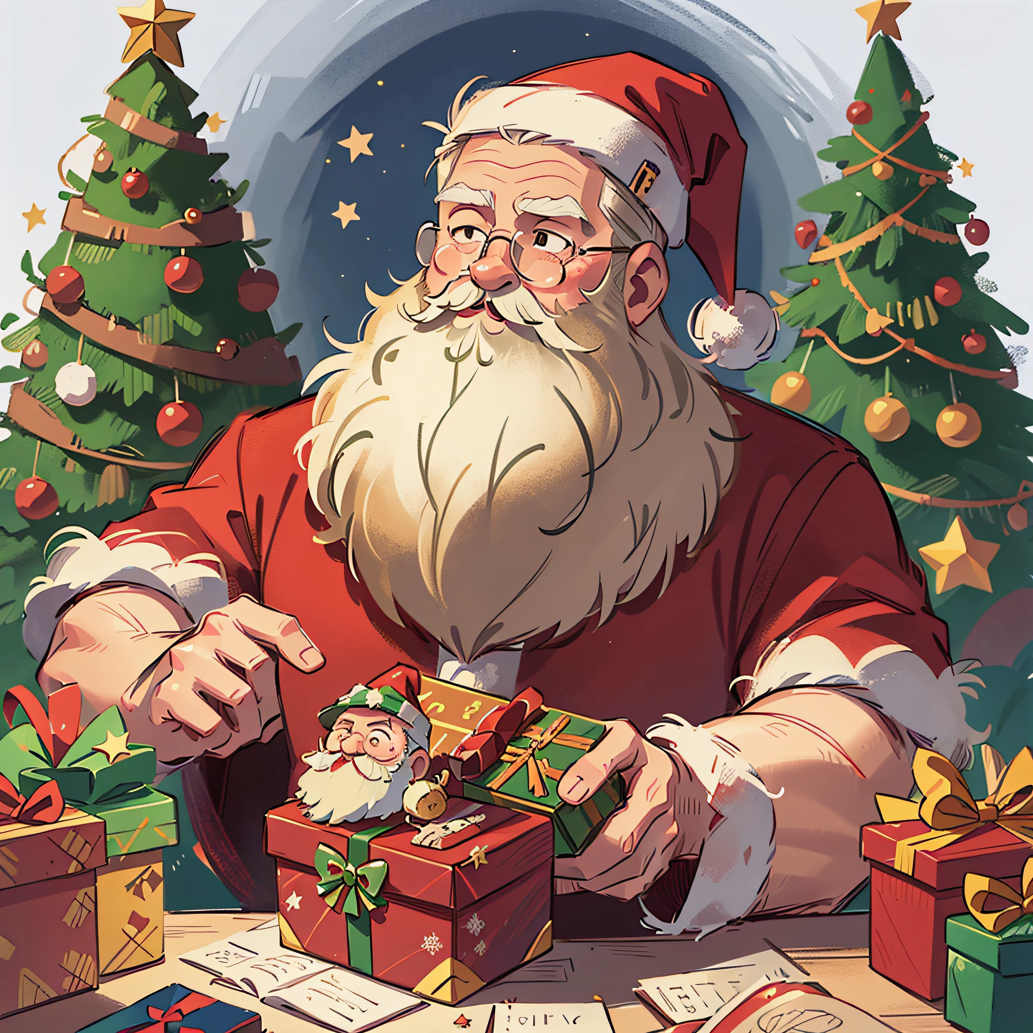 A Santa Claus who is giving presents, white beard, night, cartoon illustration style, vintage tones, Christmas tree, presents
