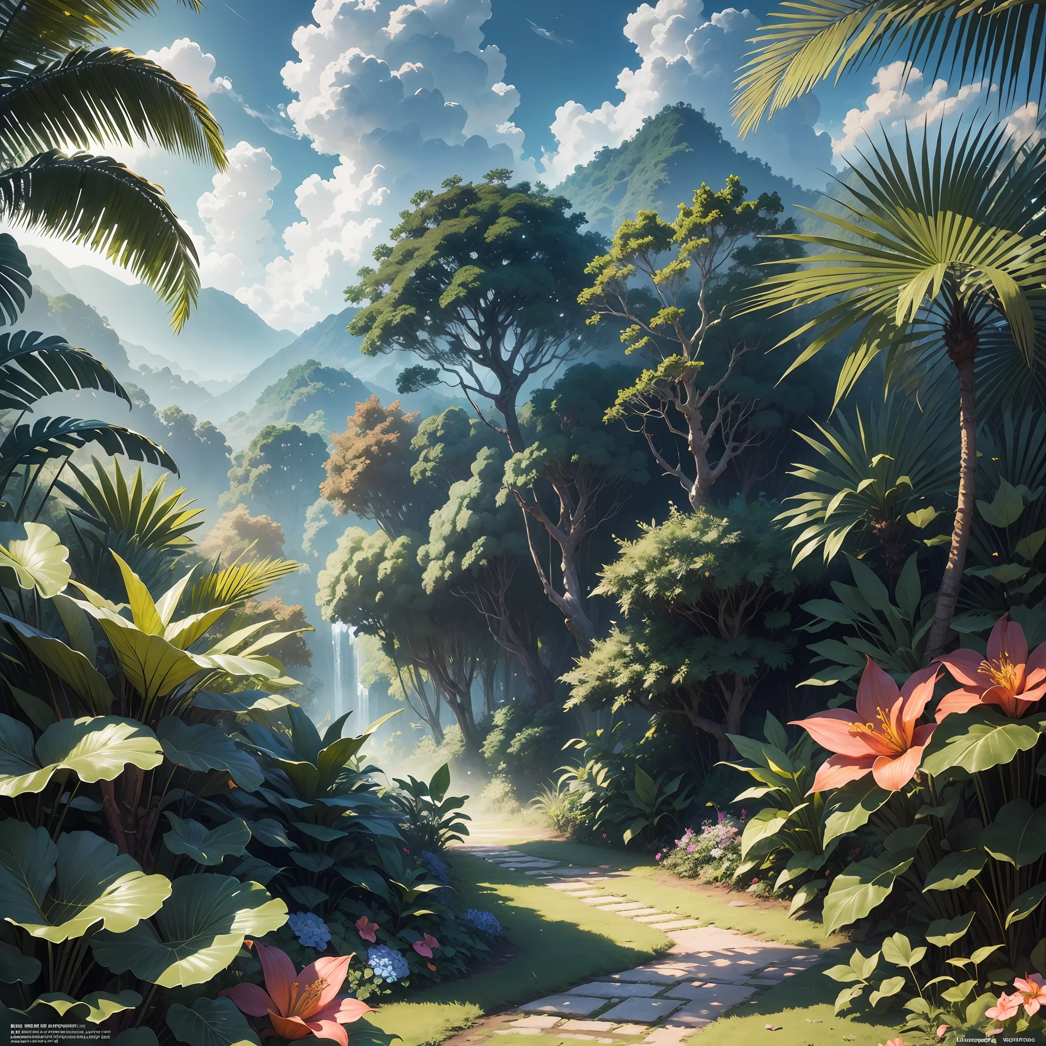Masterpiece, best quality, (very detailed CG unit 8k wallpaper) (best quality), (best illustration), (best shadows) rainforests, tropical flowers nature landscape, light tracking, super detailed --auto --v6 --s2