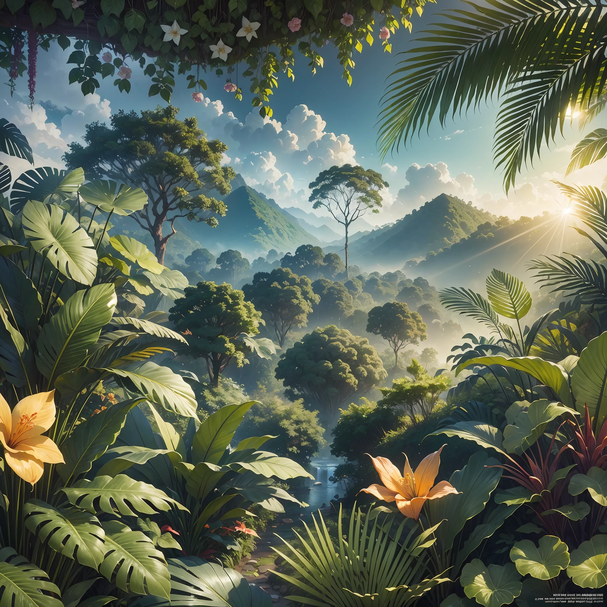 Masterpiece, best quality, (very detailed CG unit 8k wallpaper) (best quality), (best illustration), (best shadows) rainforests, tropical flowers nature landscape, light tracking, super detailed --auto --v6 --s2