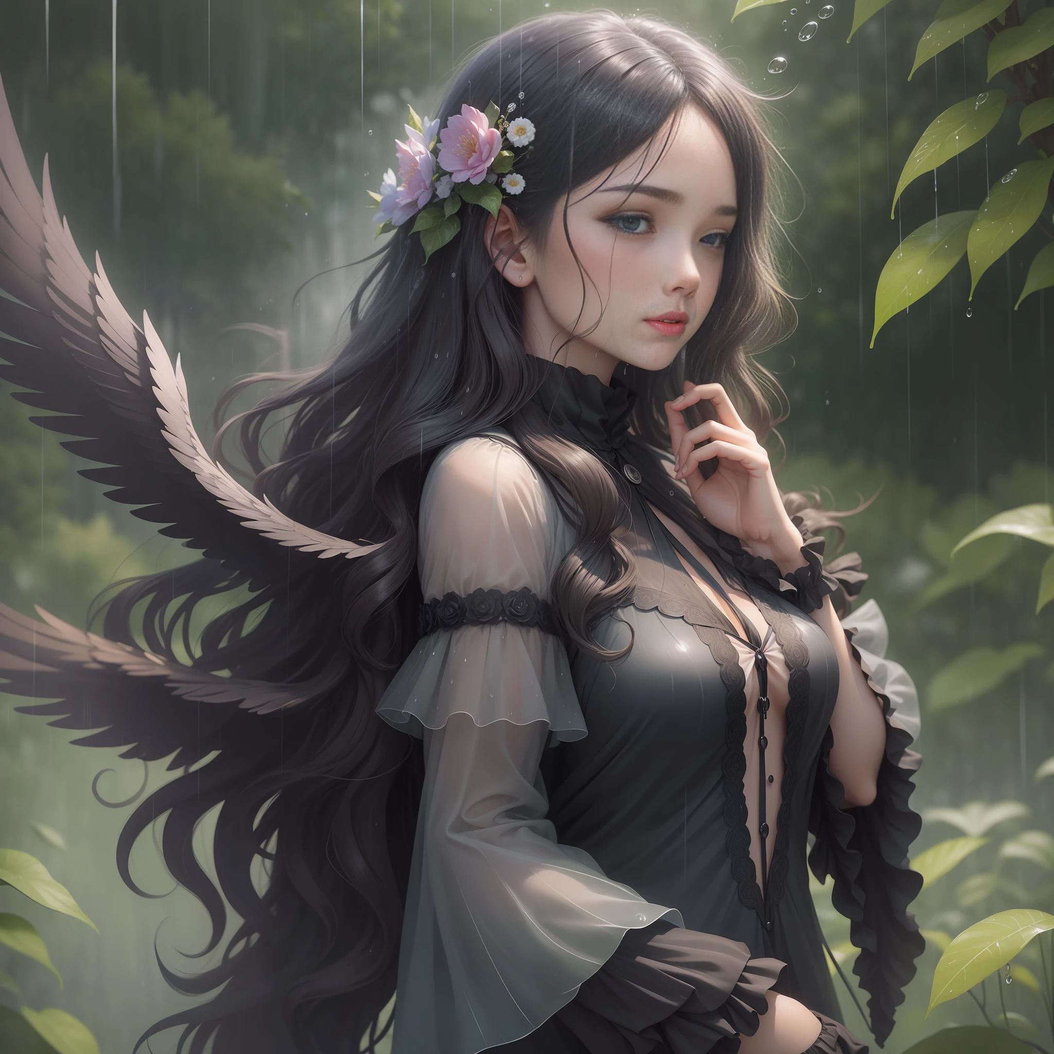 Black winged girl in the rain, translucent blouse, side face detail, long curly hair, black wings blooming, flowing and dynamic, photo quality, best image quality, excellent clarity, water drops rain, extremely soft, wet atmosphere only the sound of rain and pouring water droplets, intertwined with birdsong and floral fragrance, creating a fairytale atmosphere. --auto --s2