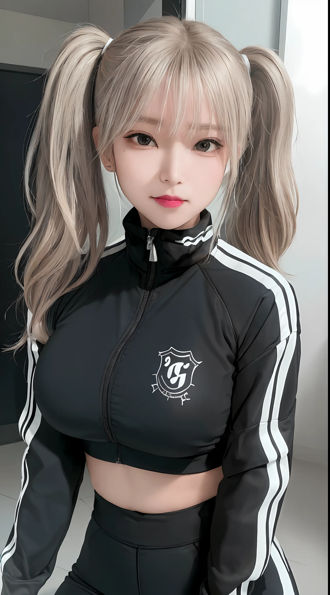 best quality, ultra high res, (photorealistic:1.4), upper body, 1girl, loose and oversized black jacket, white sports bra, (short yoga pants:1), (Kpop idol), (aegyo sal:1.3), large breasts, (light brown short twitails:1.2), ((puffy eyes)), looking at viewer, smiling, cute, full body, locker room, indoors