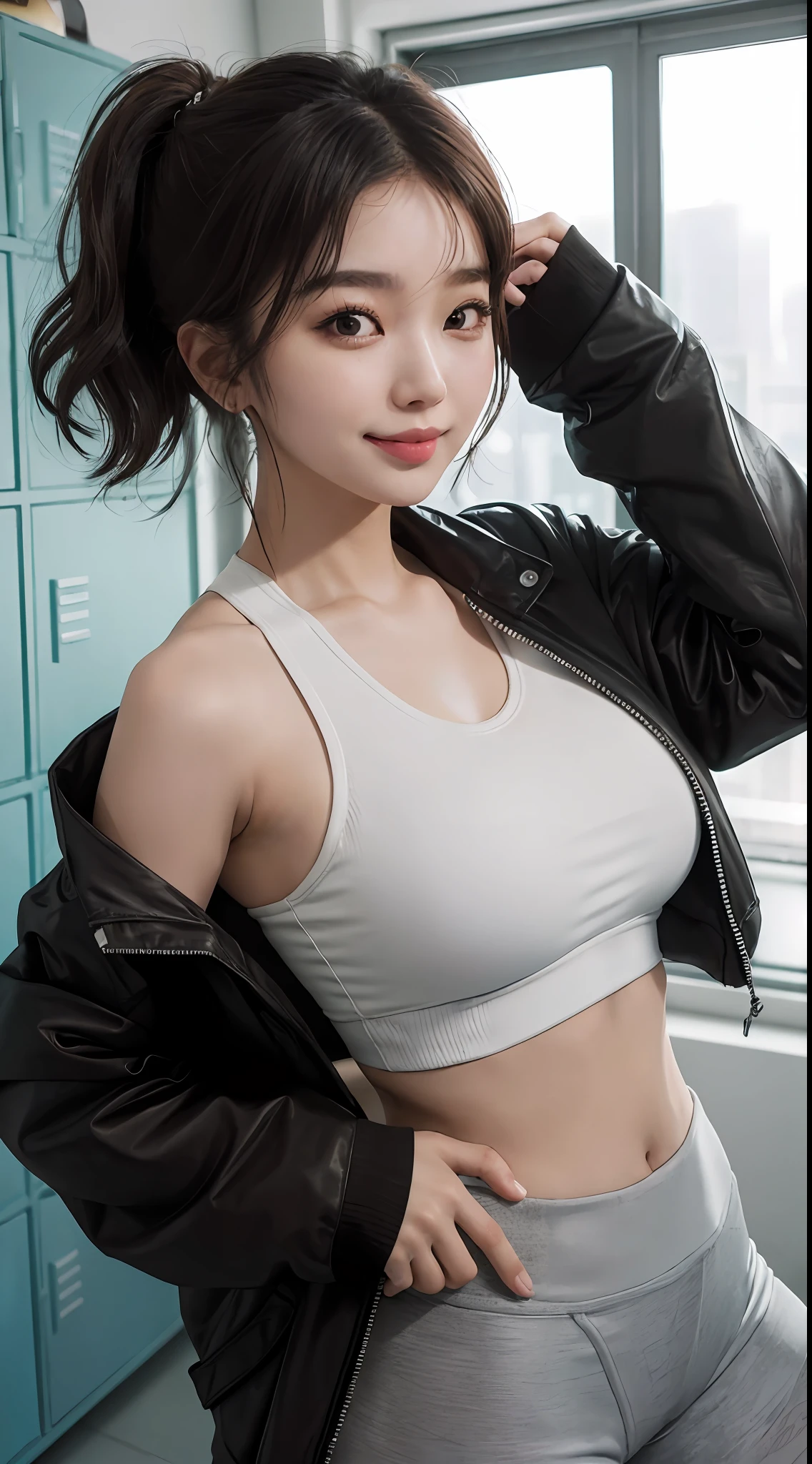 best quality, ultra high res, (photorealistic:1.4), upper body, 1girl, loose and oversized black jacket, white sports bra, (short yoga pants:1), (Kpop idol), (aegyo sal:1.3), large breasts, (light brown short twitails:1.2), ((puffy eyes)), looking at viewer, smiling, cute, full body, locker room, indoors