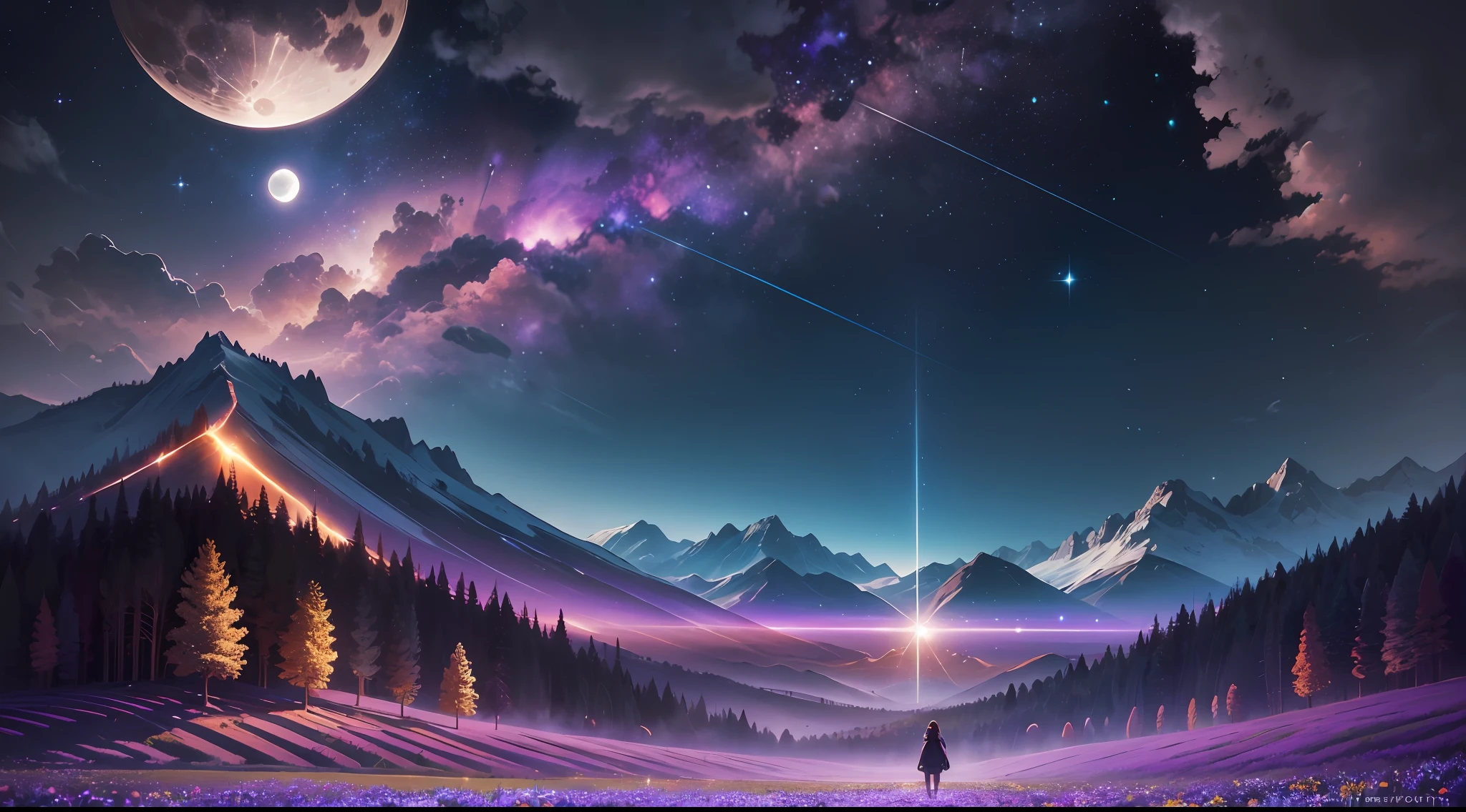 Vast landscape photos, (from below, sky above, open field below), (a girl standing on a flower field looking up), (Full Moon: 1.2), (Meteor: 0.9), (Nebula: 1.3), distant mountains, Trees BREAK Making art, (Warm Light Source: 1.2), (Firefly: 1.2), Lamps, lots of purple and orange, intricate details, volumetric lighting BREAK (Masterpiece: 1.2), (Best Quality), 4K, Ultra Detailed, (Dynamic Composition: 1.4), Detailed, Colorful, (Iridescent: 1.2), (Glow, Atmospheric Lighting), Dreamy, Fantastic, (Solo: 1.2)