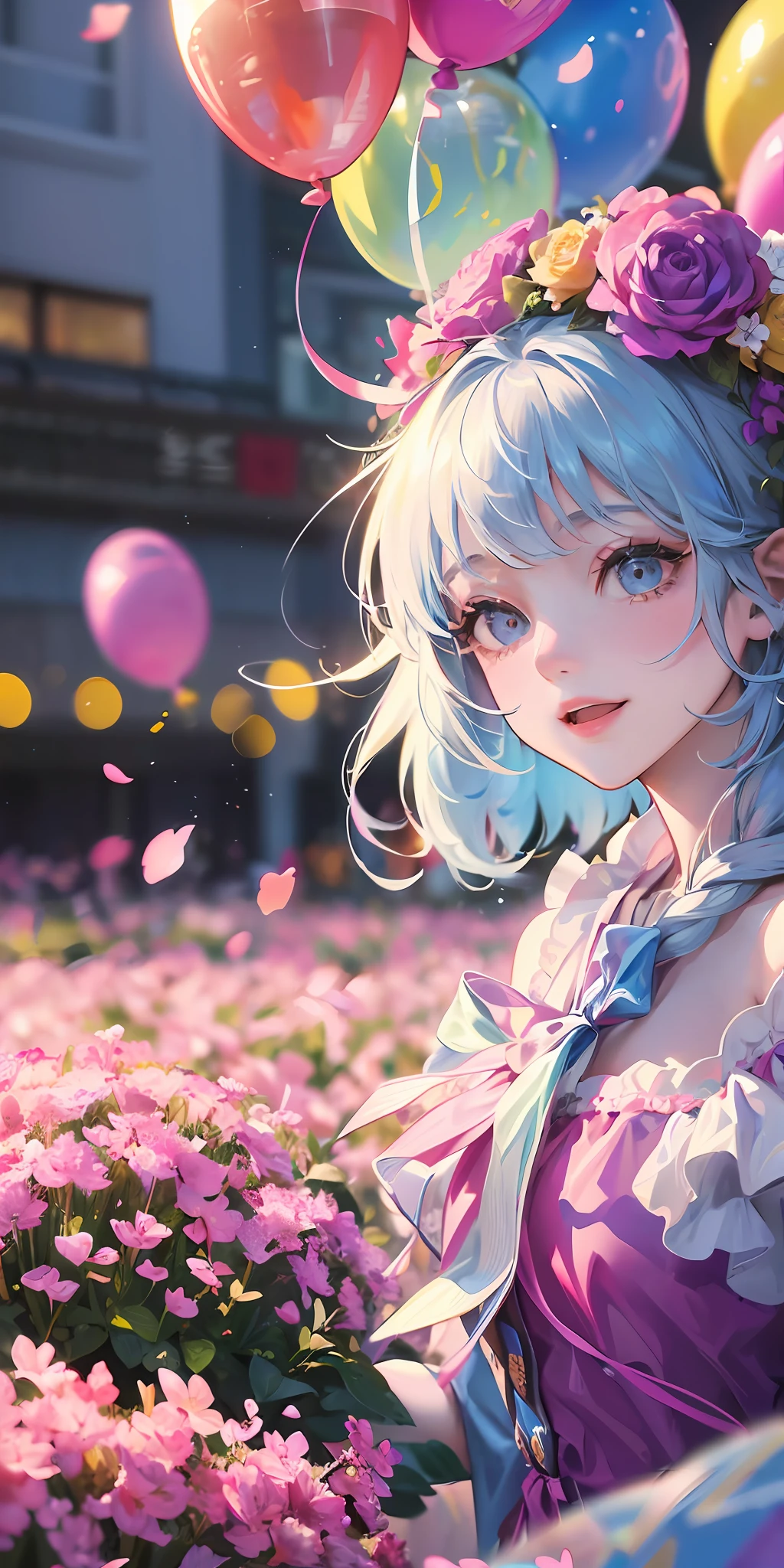 A girl holding flowers, colorful balloons floating in the sky, meadow, dancing, holding flowers, happy, happy, perfect quality, clear focus (clutter-home: 0.8), (masterpiece: 1.2) (Realistic: 1.2) (Bokeh) (Best quality) (Detailed skin: 1.3) (Intricate details) (8K) (Detail Eyes) (Sharp Focus), (Happy) --auto --s2