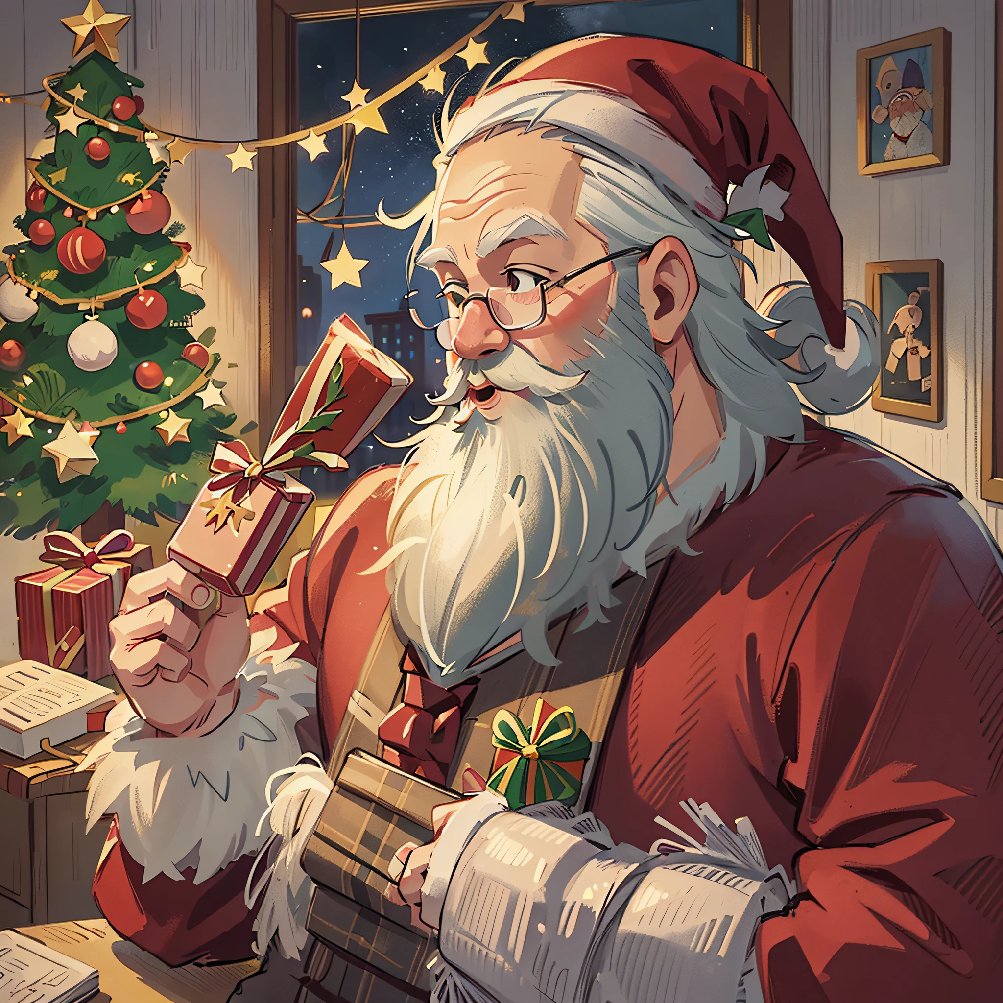 A Santa Claus holding a gift in his hand, white beard, night, cartoon illustration style, vintage tones, Christmas tree, presents