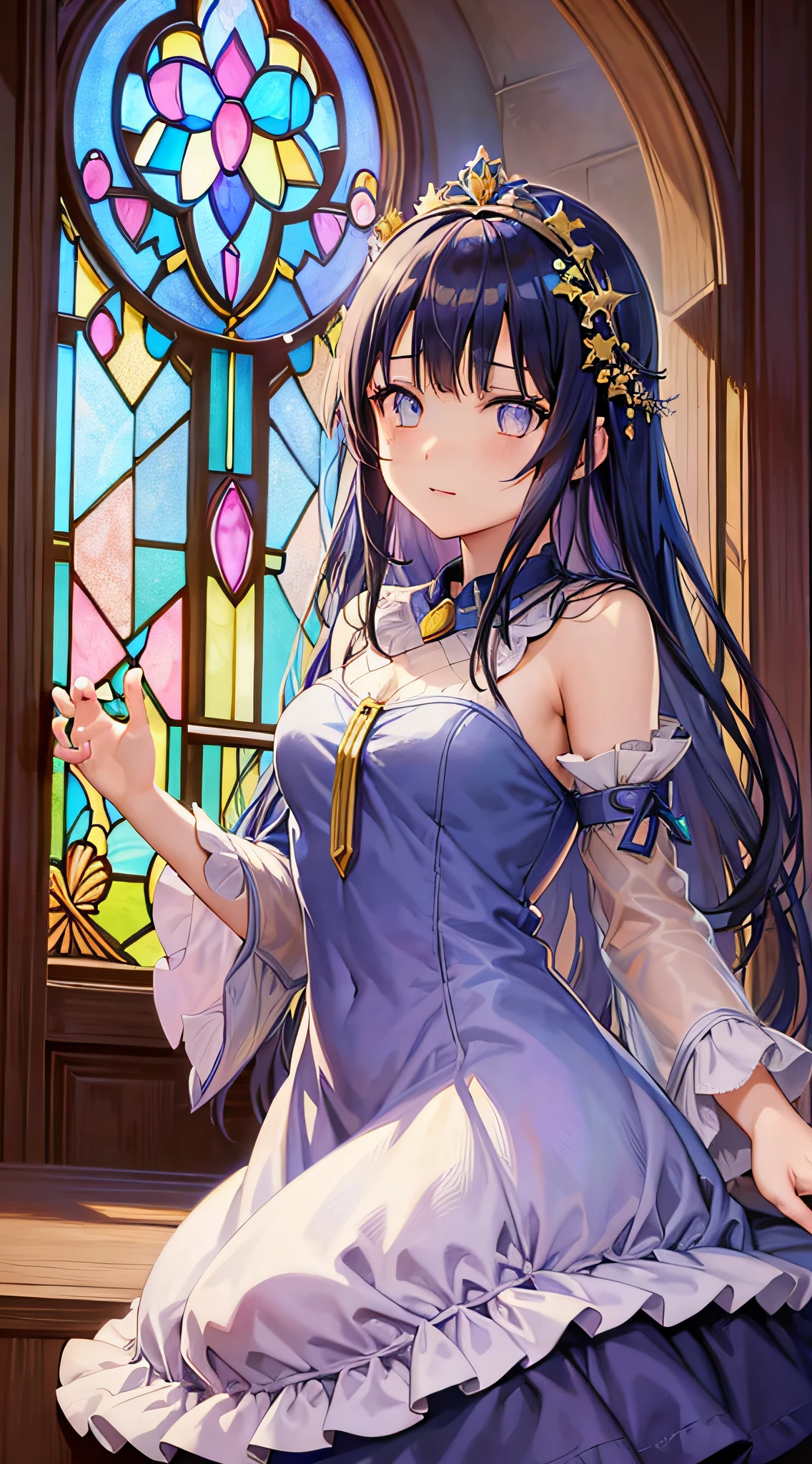 anime girl with a crown and a dress in front of a stained window, official artwork, anime moe artstyle, high detailed official artwork, beautiful anime artwork, marin kitagawa fanart, digital art on pixiv, beautiful anime art, official art, detailed digital anime art, anime art, trending on artstation pixiv, best anime 4k konachan wallpaper