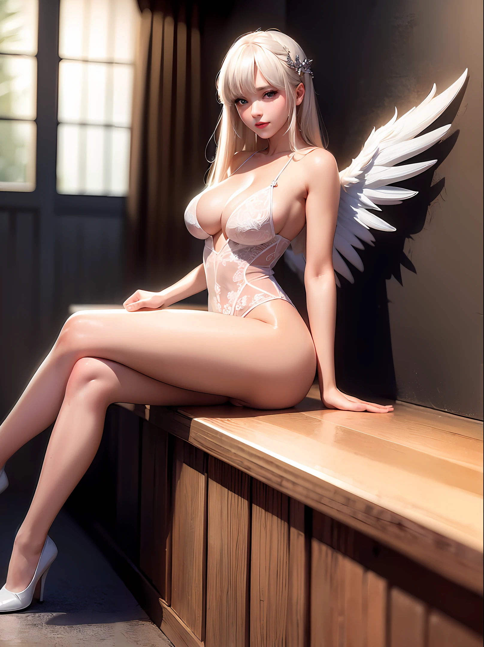 ((masterpiece)), ((best quality)), (ultra-detailed), ((sexy)), (ero), realistic, real, full body focus, bath, a cute girl, 1girl, solo, underwear, beautiful white hair, ((beautiful eyes)), wings, blush, latex