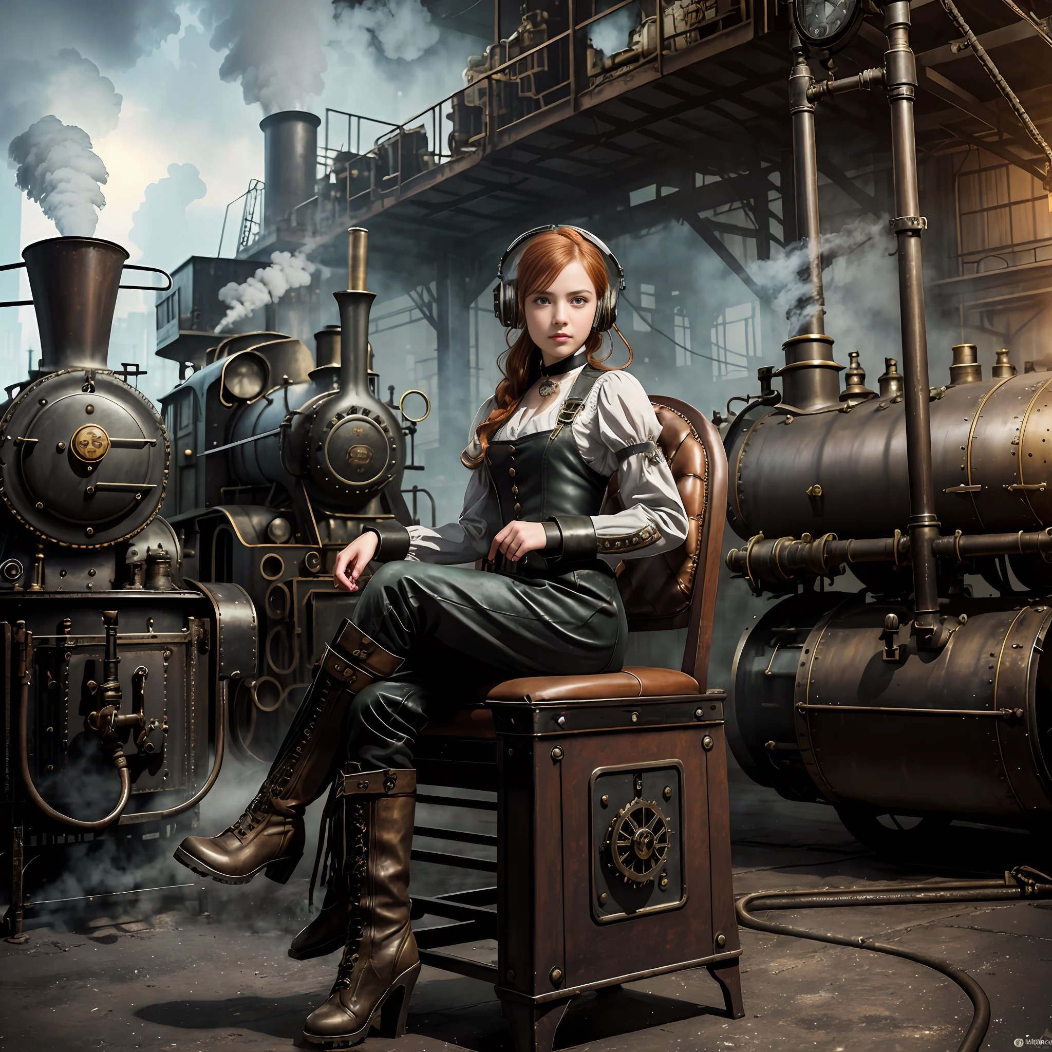 photorealistic, perfect anatomy, realistic character, hyper photorealism, very high contrast photograph, street photography, cinematic lighting, dramatic lighting, shot from the back, (((a girl on a chair is repairing a steam engine in the steamy smoky workshop))), (a 19 yo girl, (Ana de Armas:0.70), (redhead:1.1)), very cute, (perfect eyes:1.1), photorealistic wavy hair, a girl in a steampunk jumpsuit in light gray color, intercom headset, steampunk choker, long leather boots, perfect detailed face, detailed symmetric green eyes with circular iris, fixing a steam engine in the steampunk garage filled with steam and smoke, cogs and gears, steamy background with lots of steam pipes and steam valves and pressure gauges and gears, intricate background, very highly detailed costume, very highly detailed background, steampunk fantasy style, steampunk , steampunk aesthetic, steamy, smoky