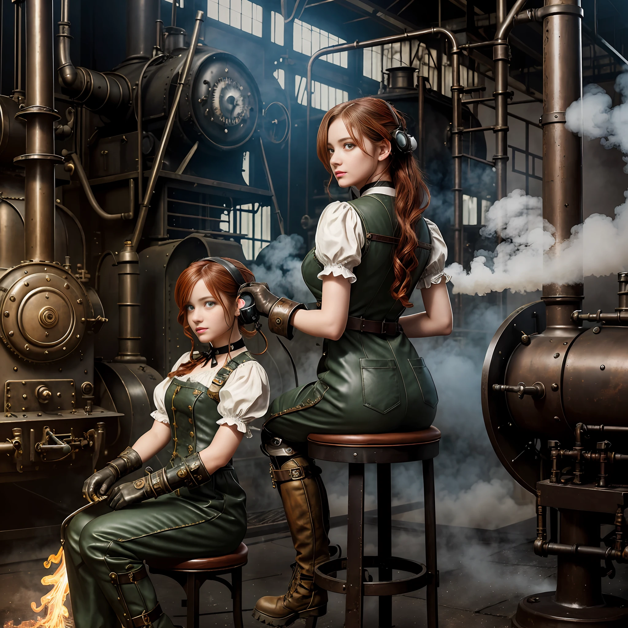 photorealistic, perfect anatomy, realistic character, hyper photorealism, very high contrast photograph, street photography, cinematic lighting, dramatic lighting, shot from the back, (((a girl on a chair is repairing a steam engine in the steamy smoky workshop))), (a 19 yo girl, (Ana de Armas:0.70), (redhead:1.1)), very cute, (perfect eyes:1.1), photorealistic wavy hair, a girl in a steampunk jumpsuit in light gray color, intercom headset, steampunk choker, long leather boots, perfect detailed face, detailed symmetric green eyes with circular iris, fixing a steam engine in the steampunk garage filled with steam and smoke, cogs and gears, steamy background with lots of steam pipes and steam valves and pressure gauges and gears, intricate background, very highly detailed costume, very highly detailed background, steampunk fantasy style, steampunk , steampunk aesthetic, steamy, smoky