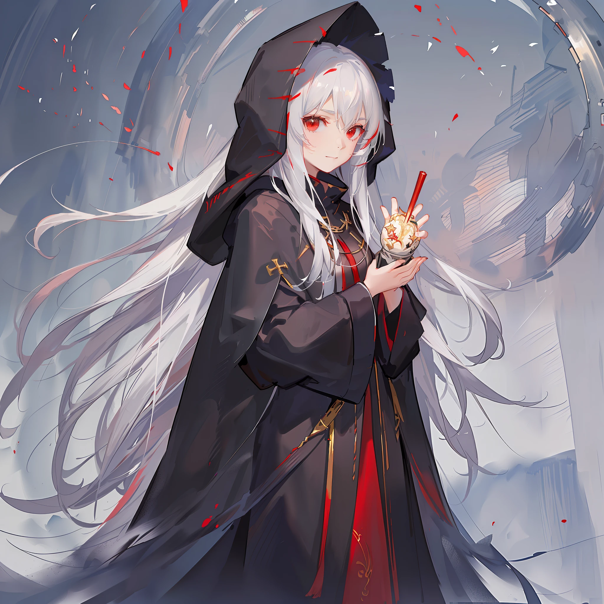 Maiden, round red thread striped black robe, hood, cape, red eyes, long white hair, faint smile, standing posture, full body, mage, holy girl