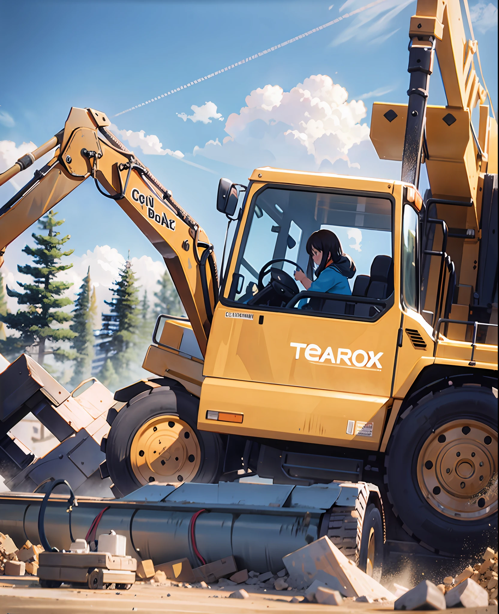 , 2 girls, heavy equipment, construction, coalescing, bulldozer