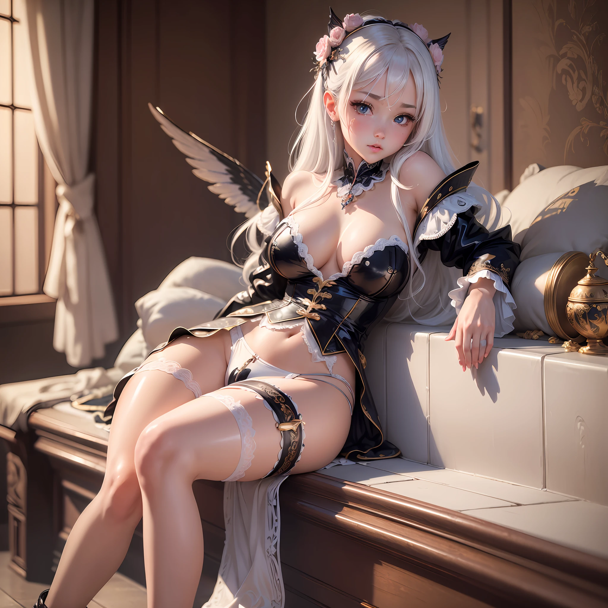((masterpiece)), ((best quality)), (ultra-detailed), ((kawaii)), cute, (lovely), ((sexy)), (ero), ((extremely detailed)), 4K, (8K), best quality, (beautiful), realistic, real, full body focus, bath, a cute girl, 1girl, solo, underwear, beautiful white hair, ((beautiful eyes)), wings, blush, latex --auto --s2