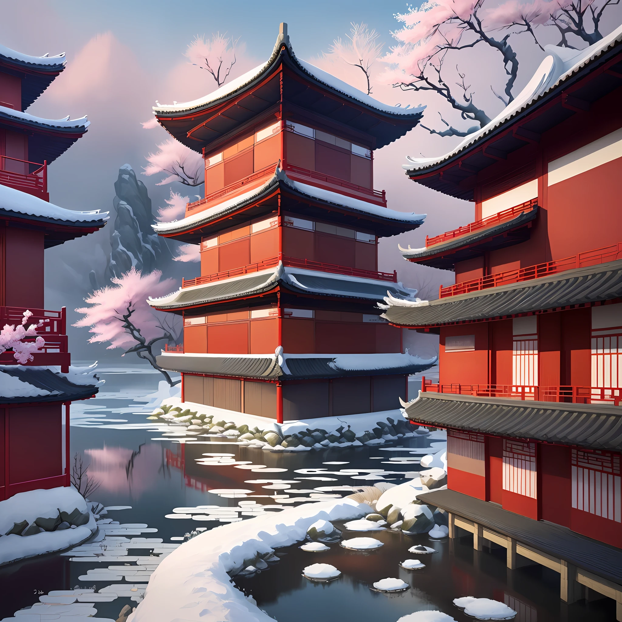 (Chinese landscape), abstract painting, (Zen, Emisore style), (winter), (snow, plum blossoms, river, chinoiserie architecture), light abstract cover art, simple vector art, Chinese contemporary art, color gradient, pastel color palette, layered forms, whimsical animation, style ethereal abstraction, 4K, --v6
