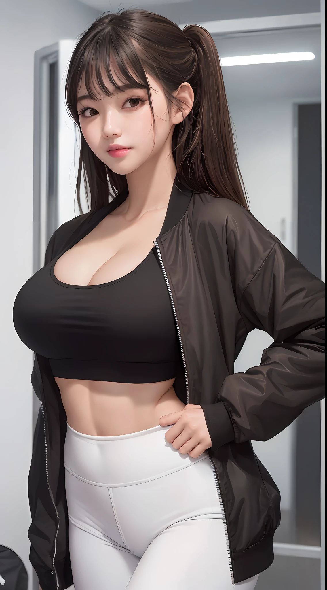 best quality, ultra high res, (photorealistic:1.4), upper body, 1girl, loose and oversized black jacket, white sports bra, (short yoga pants:1), (Kpop idol), (aegyo sal:1.3), large breasts, (light brown short twitails:1.2), ((puffy eyes)), looking at viewer, smiling, cute, full body, locker room, indoors