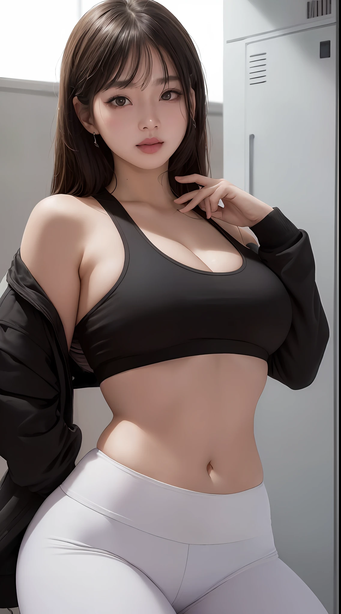 best quality, ultra high res, (photorealistic:1.4), upper body, 1girl, loose and oversized black jacket, white sports bra, (short yoga pants:1), (Kpop idol), (aegyo sal:1.3), large breasts, (light brown short twitails:1.2), ((puffy eyes)), looking at viewer, smiling, cute, full body, locker room, indoors