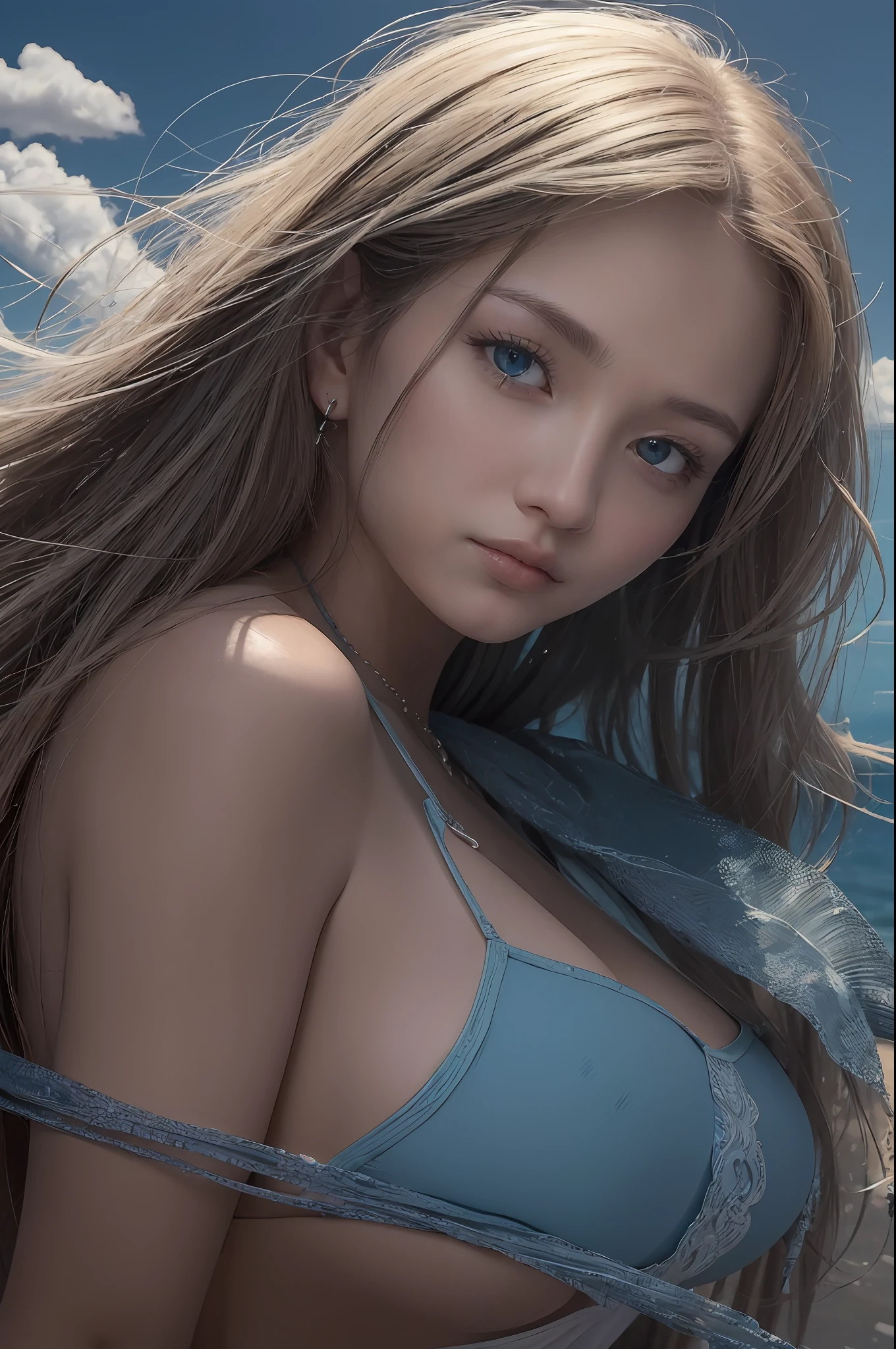 ((the highest quality、A masterpiece:1.3))、((Beautiful Russian women))、1 female、18 year old 、enormous breast:1.3、Slender body type:1.1、toned abs、Blonde semi-long hair、(BEATCH、Wet body、Cute Bikini:1.1)、Super detailed face、detailed lips、detailed eye、Double eyelidd、beach ball、a smiling look、Blue Sky、clouds、looking left、Kneeling、blue eye、wide  shot