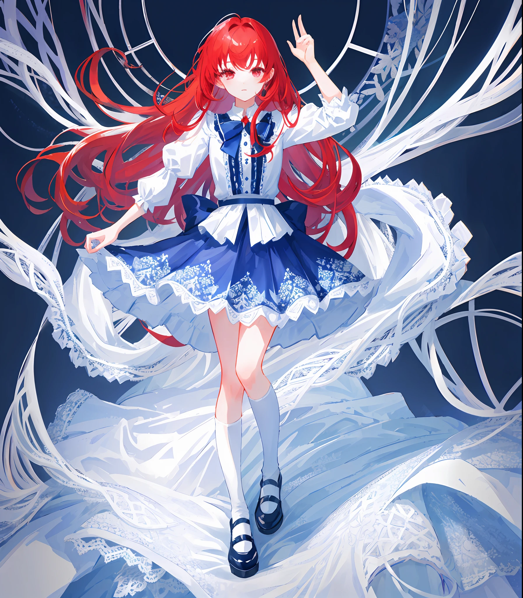 ((Masterpiece)), (Best Quality), (Simple Style), White and Blue Skirt, Pleated Lace, Edward Lace Dress, Red Hair, Red Eyes, (Full Body Standing)