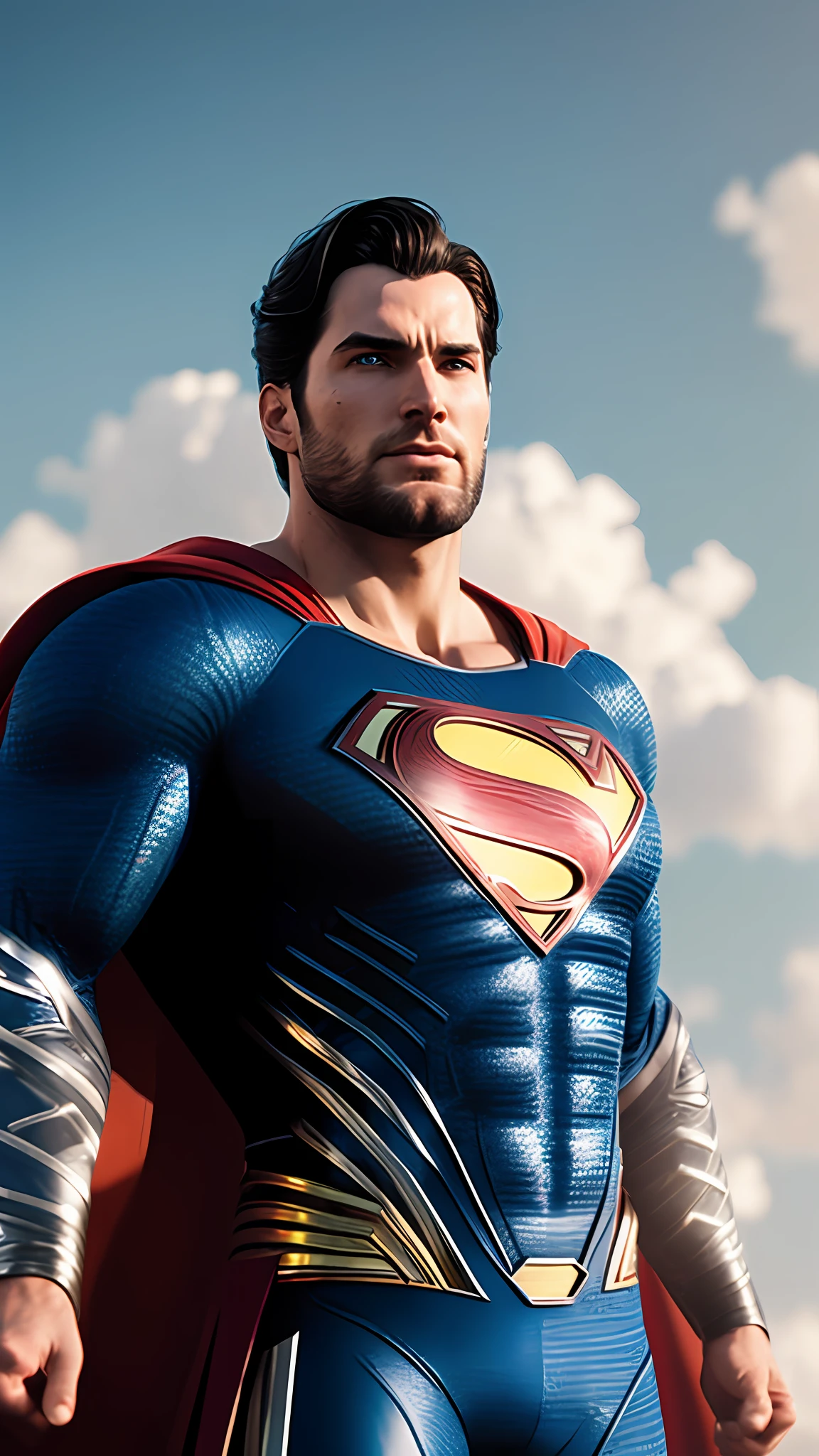 superman, beard, hair with white strands, photography, in the background a sky full of clouds, soft lighting, soft details, octane, artstation trend, ultra high detail, ultra realistic, cinematic, 16k ((Full body))