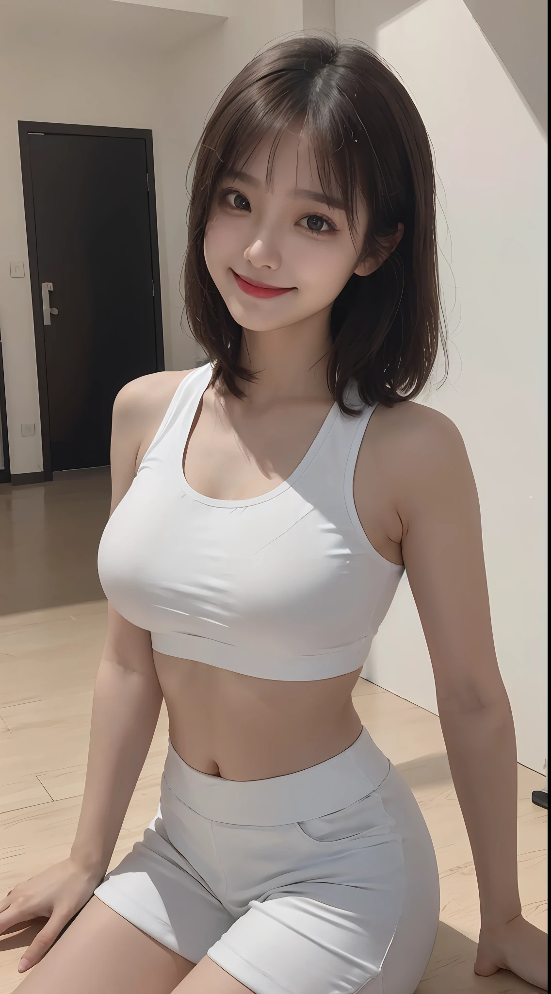upper body, 1girl, white sports bra, (yoga short pants:1), Kpop idol, (aegyo sal), large breasts, (light brown short twitails:1.2), ((puffy eyes)), looking at away, smiling, cute, full body, GYM, indoors, best quality, ultra high res, (photorealistic:1.4),