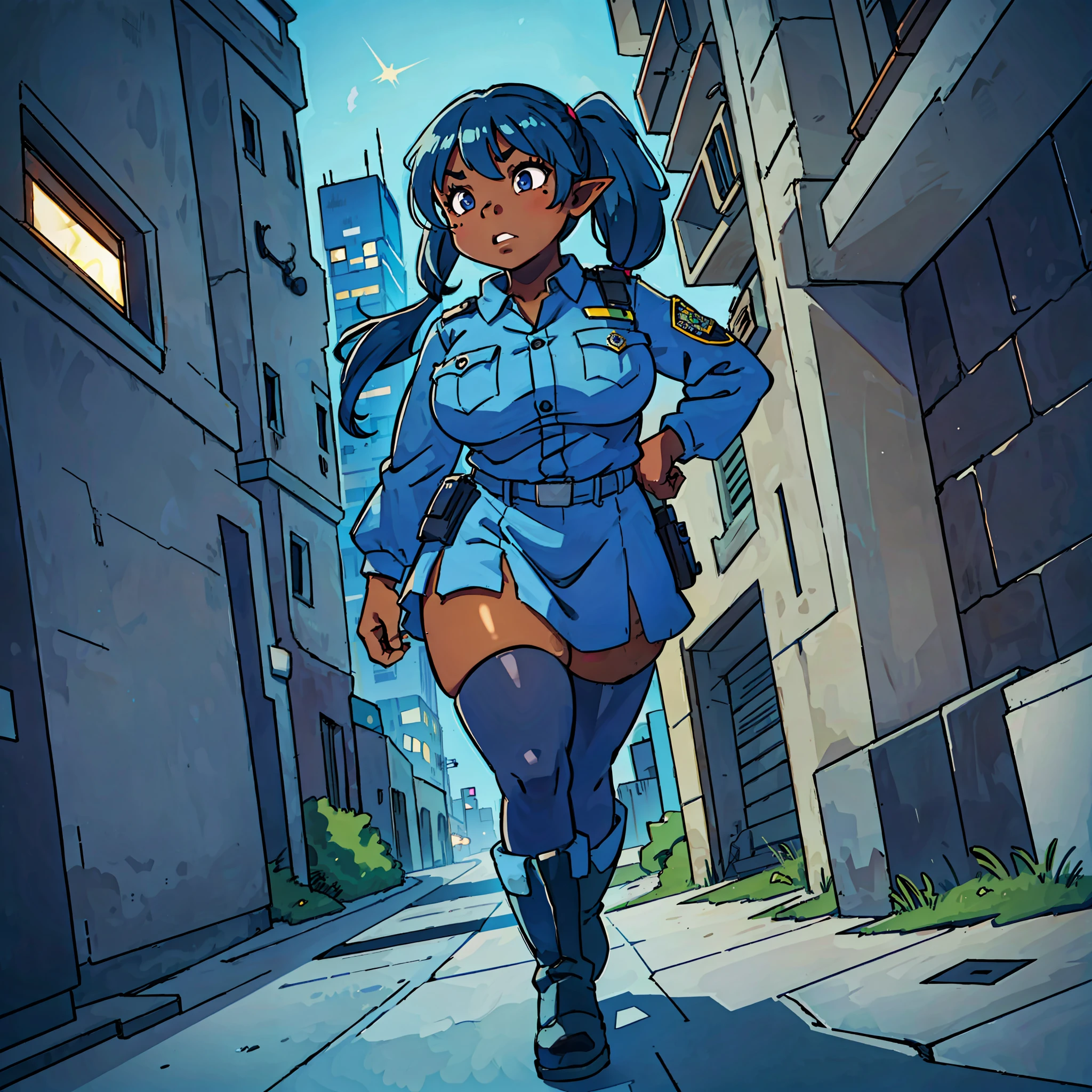 goblin girl, blue hair, very long hair, dark_ skin, dark skin goblin, very dark skin girl natural huge breasts, hair between eyes, twintails, chubby, chubby girl, chubby girl goblin, mole, mole on chest, age up, lips, big lips, thick eyebrows, body with fur, tusk, short girl, short goblin girl twintails, short girl, highly detailed, high quality, best quality, 8k, full body, fat, police, policewoman, police uniform, skirt, big boots, long sleevs