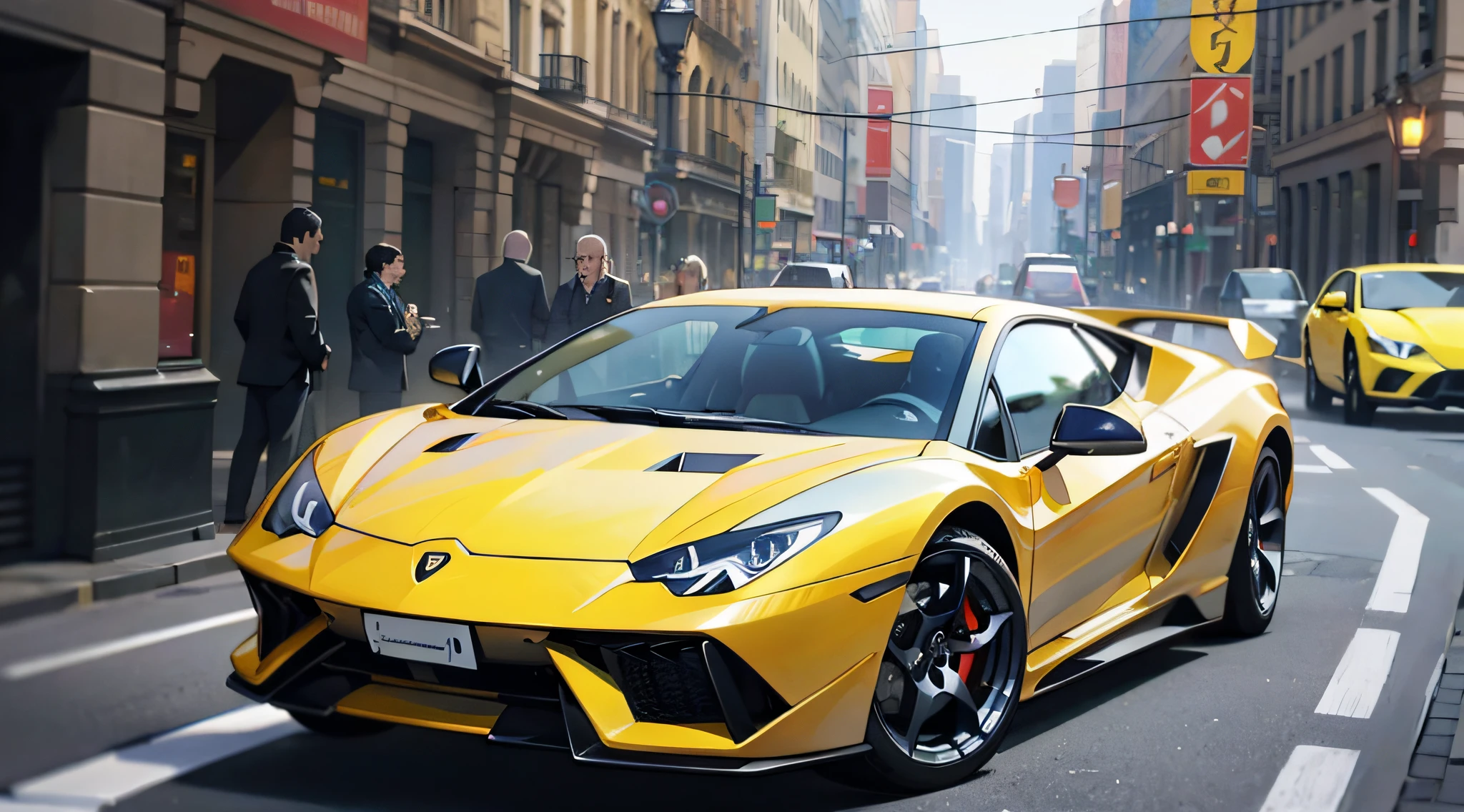 Masterpiece, best quality, a limited edition sports car parked on the side of the road, Lamborghini, lively streets, crowds, Artie Guérin style