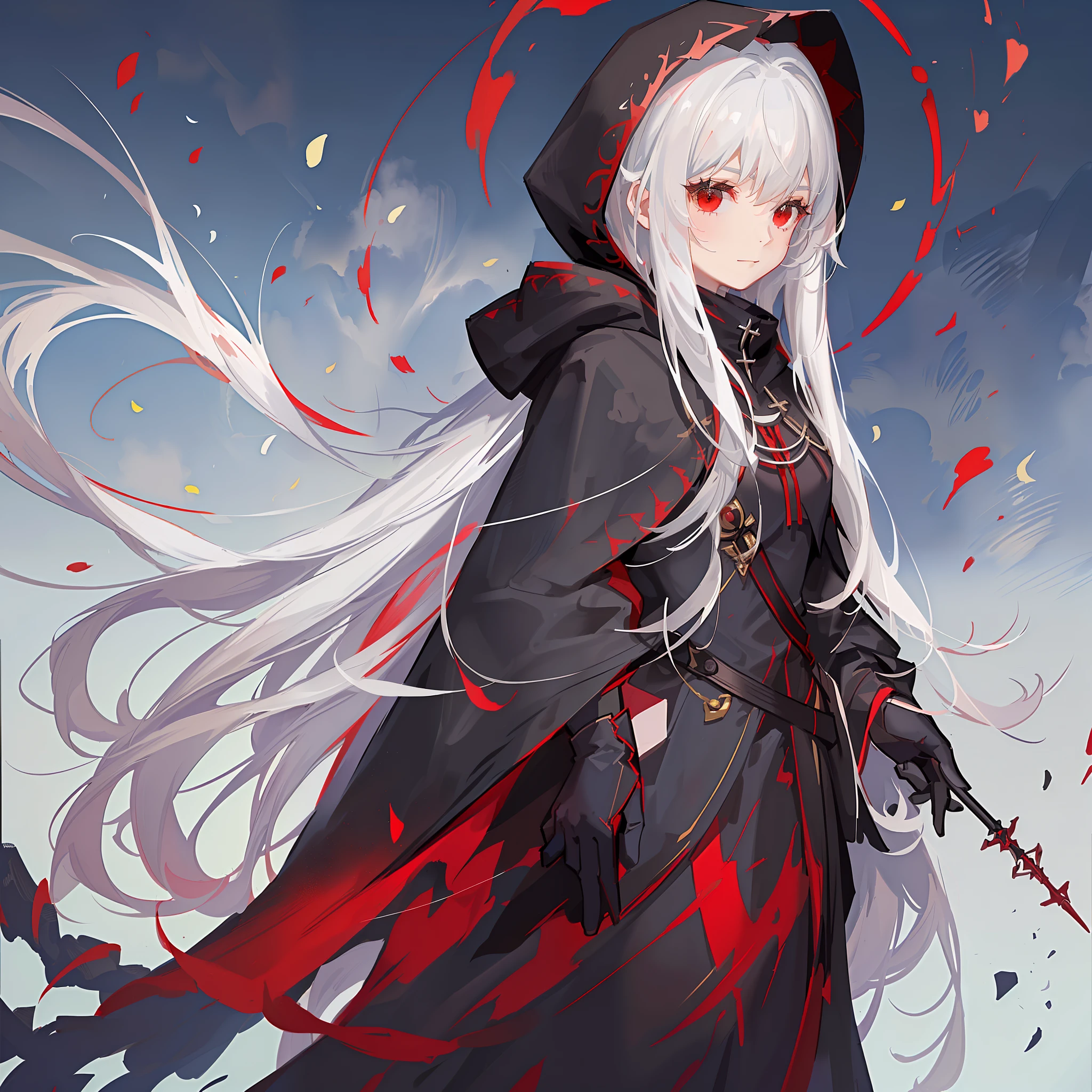 Maiden, round red thread striped black robe, hood, cape, red eyes, long white hair, faint smile, standing posture, full body, mage, holy girl