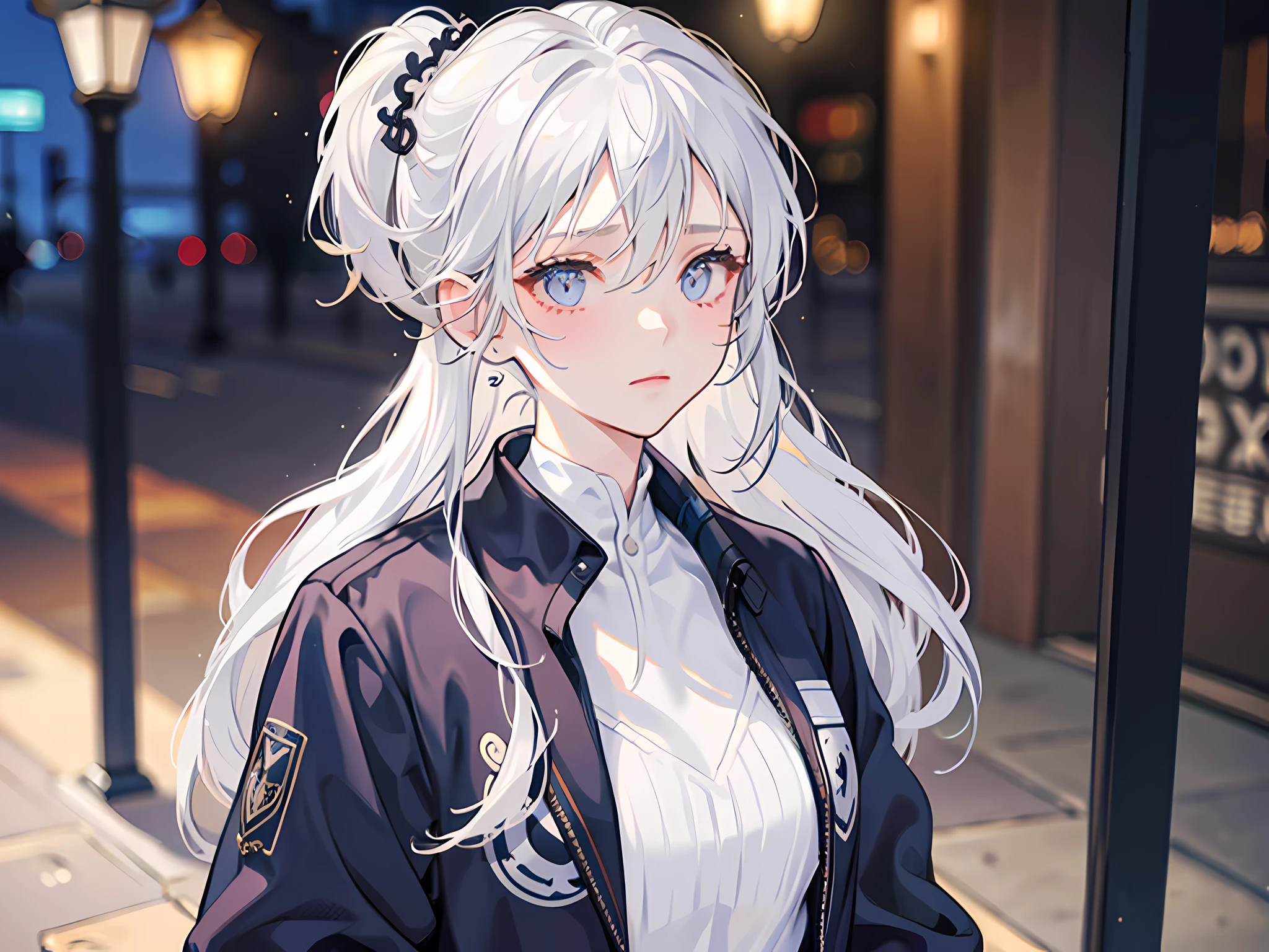 A girl, innocent and cute, long white hair, wearing sportswear, leaning over, facing the camera, anxious, delicate face, empty street, dark night, dim lights,