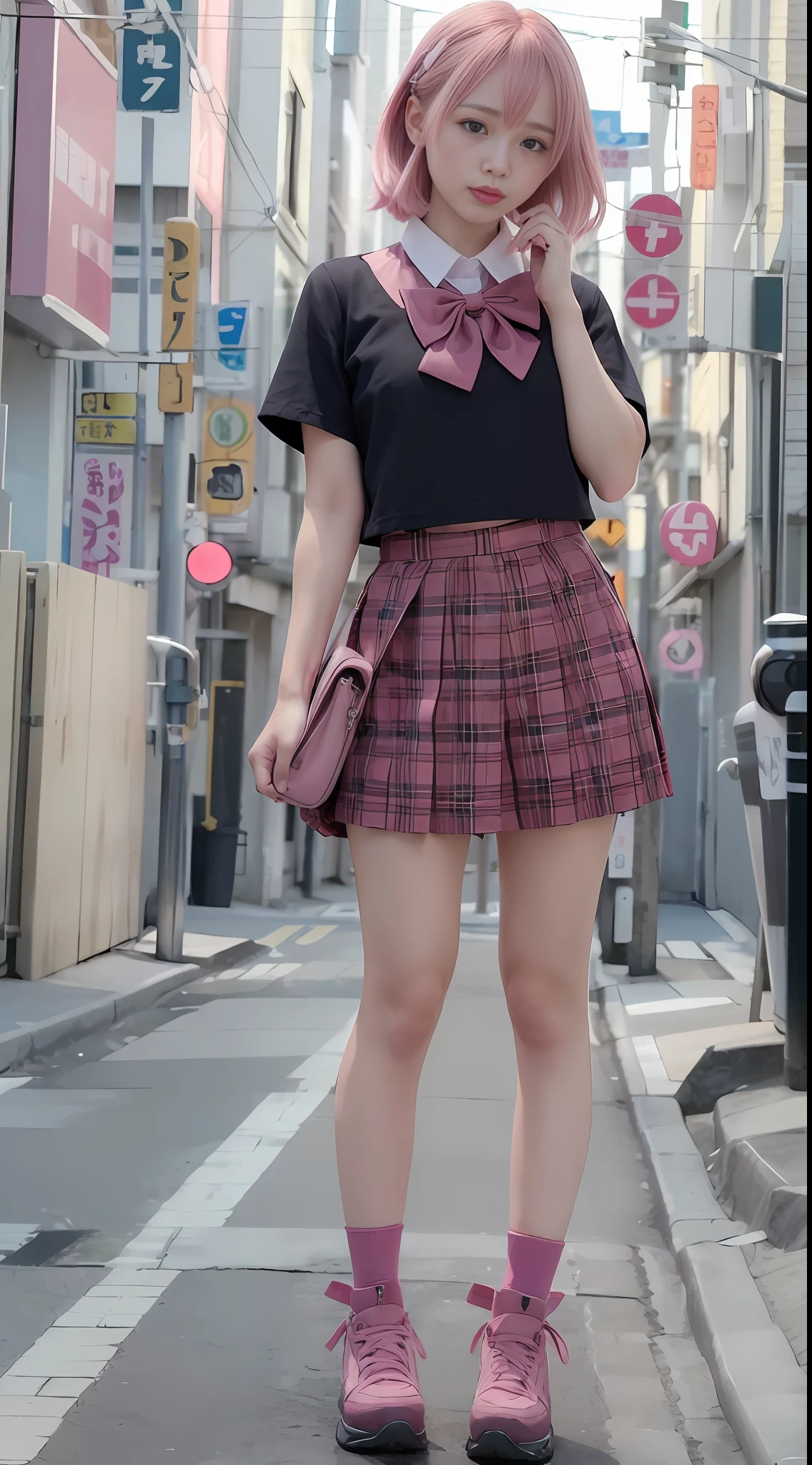 (8k, RAW photo, best quality, mastery:1.3),(realistic,photo-realistic:1.37),(looking viewer:1.331),(pink hair),posing,Tokyo street,cyberpunk city,soft light,1girl,extremely beautiful face,hands down,casual hairstyle,casual expression, Big eyes, lower abdomen, (short sleeves JK_shirt), JK_style, (red JK_skirt), (bow JK_tie), mix4, full body, full body photo