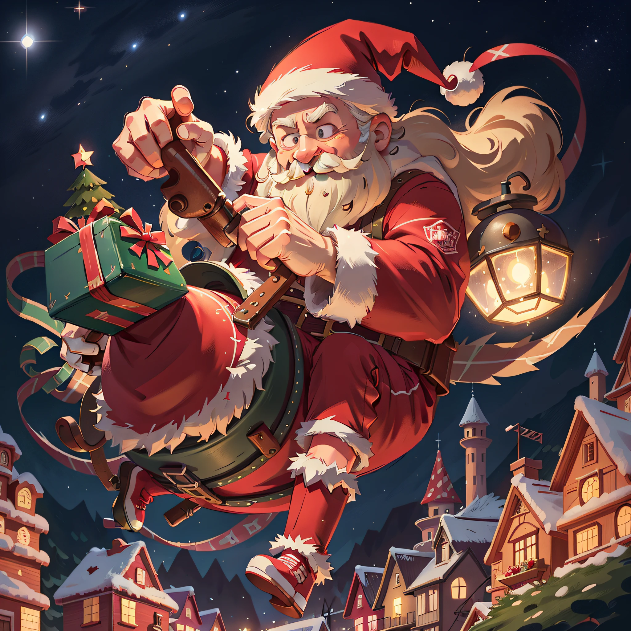 Santa Claus flies over the night sky with Christmas tree, Patrick Brown, Santa Claus, Official Artwork, Rossdraws Global Lighting, Adrian Singer, Christmas Night, Background Art, CG Art, Brian Thomas, Beautiful Artwork Illustration, 🕹️ 🔫 🤖 😎 🚬 Game Illustration