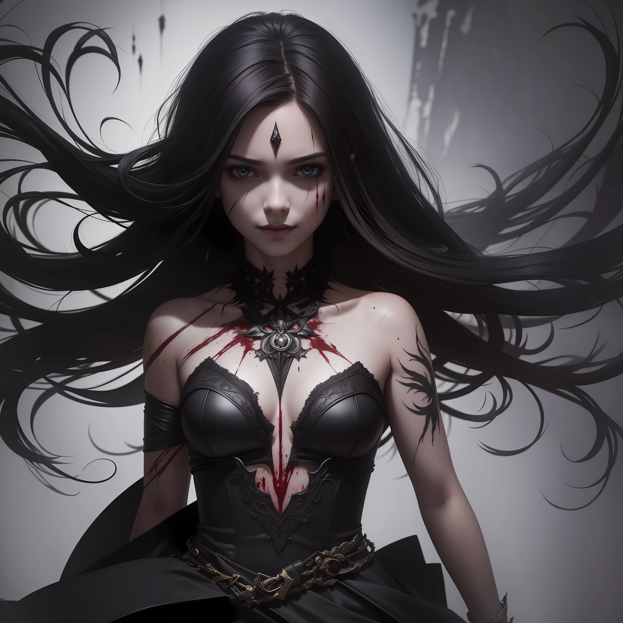 Dark magic, (masterpiece, highest quality, best quality, formal art, beautiful and aesthetic: 1.2), (1girl: 1.3), solo, threat, rage, devilish smile, (young dark sorceress) extremely detailed, dynamic pose, dark night, abstract background, dress, (blood, blood splatter:1.1), ashes, fire, (body tattoos, scars, jewelry), hyperrealism