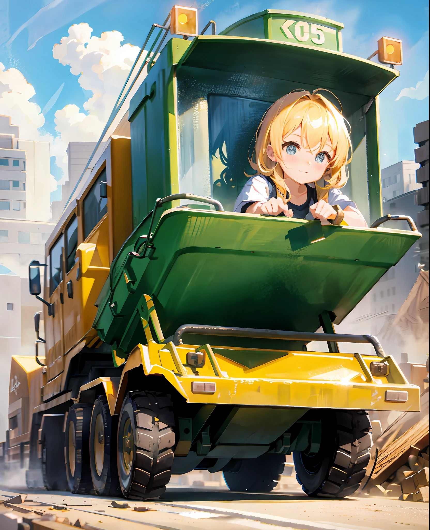 dump truck girl, cute face, construction, heavy equipment, masterpiece, detailed picture, cute