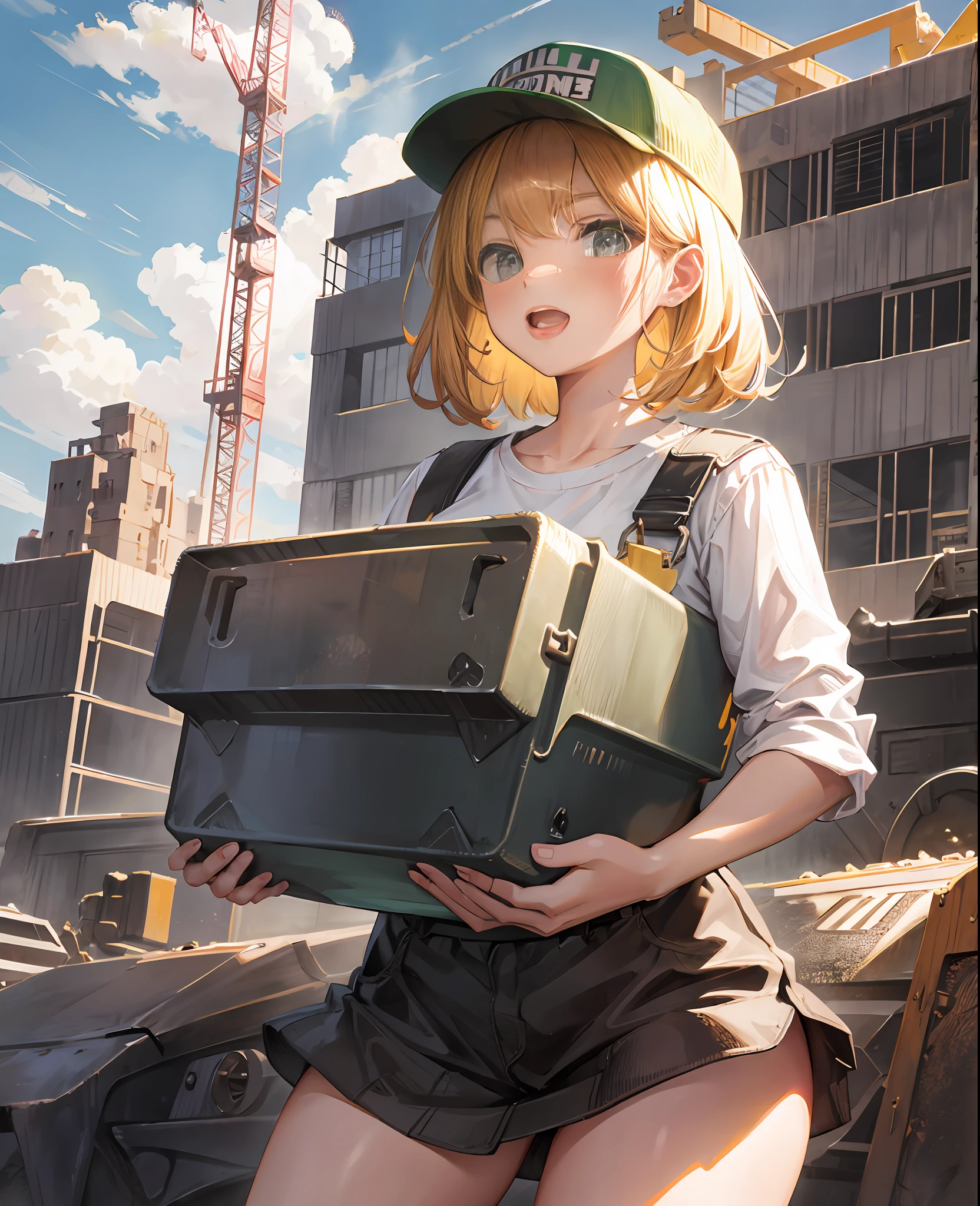 dump truck, girl who became heavy equipment, cute face, construction, heavy equipment, masterpiece, detailed picture, cute
