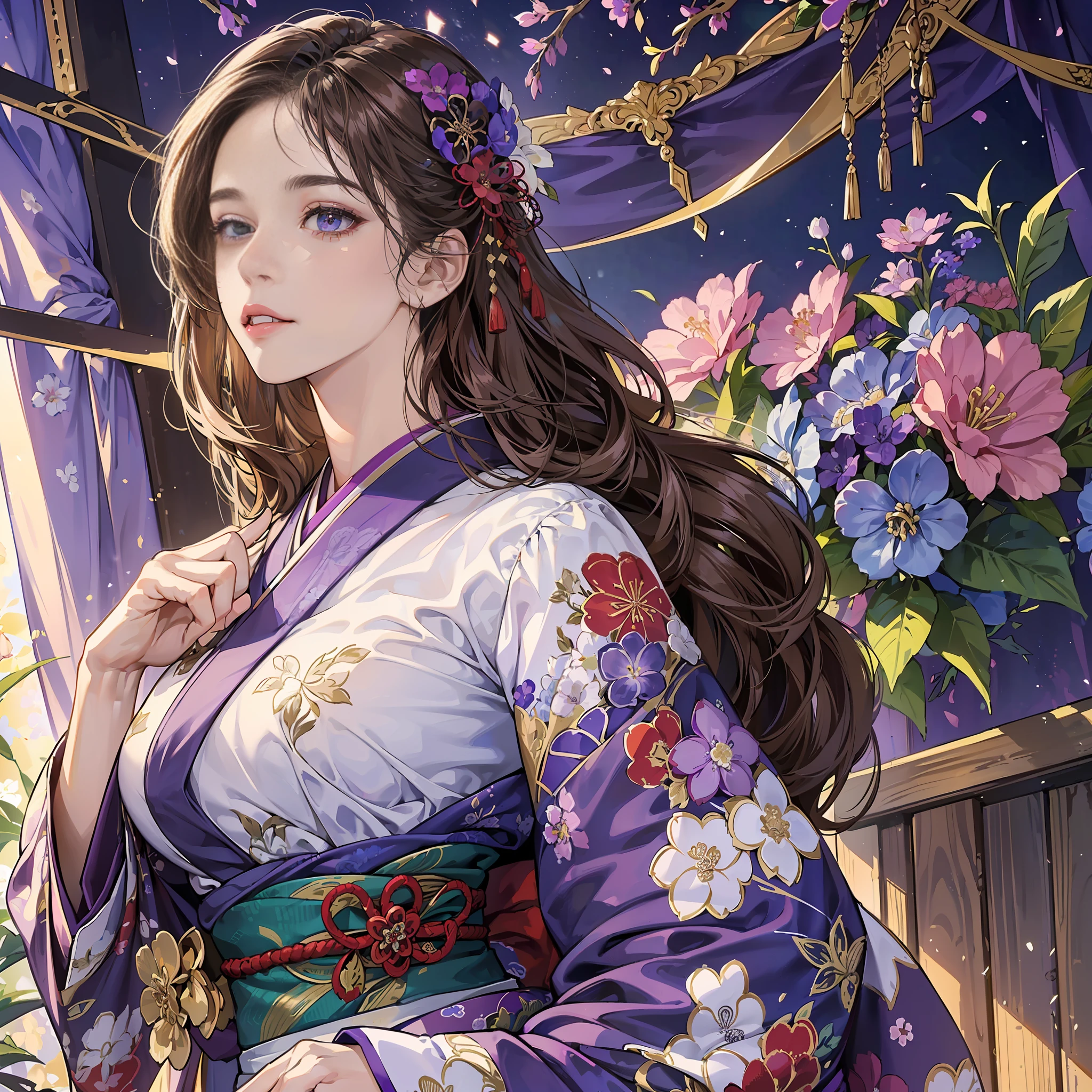 ((BEST QUALITY、8ｋ、A Masterpiece：1.3))、Crisp focus：1.2、Beautiful woman in perfect style：1.4、Slender abs：1.2、((Dark Brown Hair、))、(purple、floral print、kimono ,、 ,、 ,:1.1)、Very detailed face and skin texture、detailed eye、Double eyelidd (no background) --auto --s2