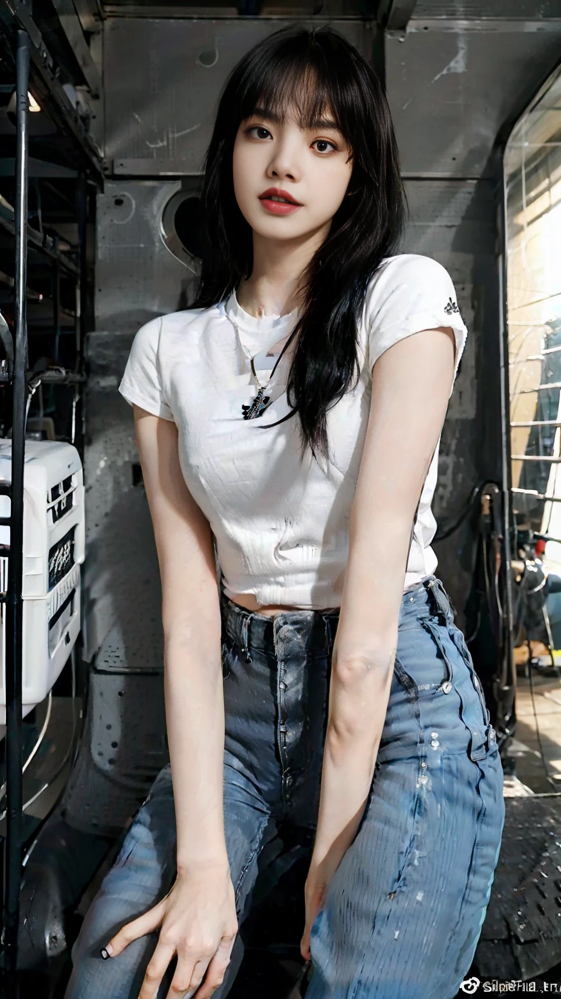 Beautiful woman wearing black shirt, wearing white short jeans, detailed body, sitting on the bike, holding helmed,