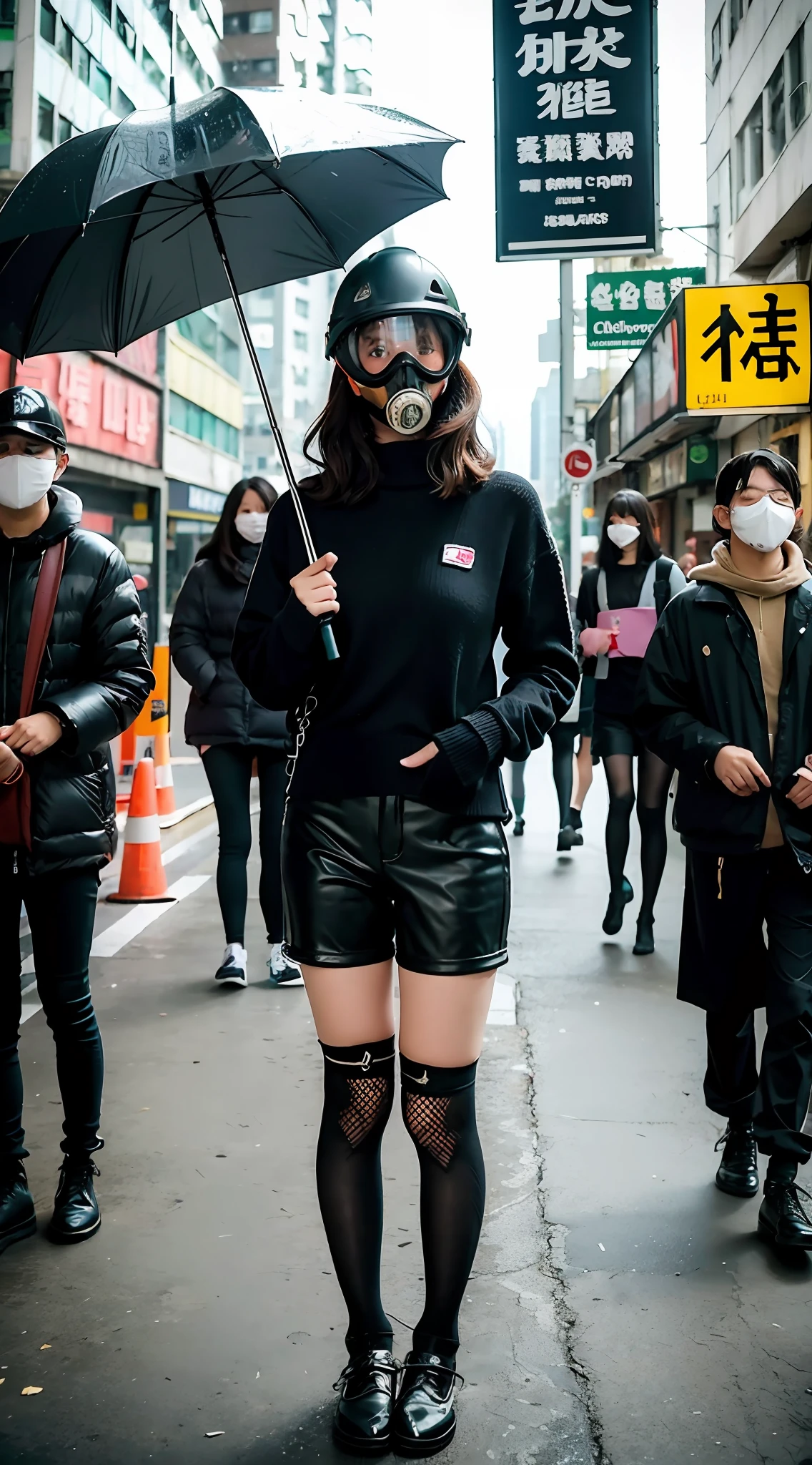 helmet, protest, black coordination, hot pants, gas mask, knitwear, ************, knee socks, Hong Kong, umbrella,