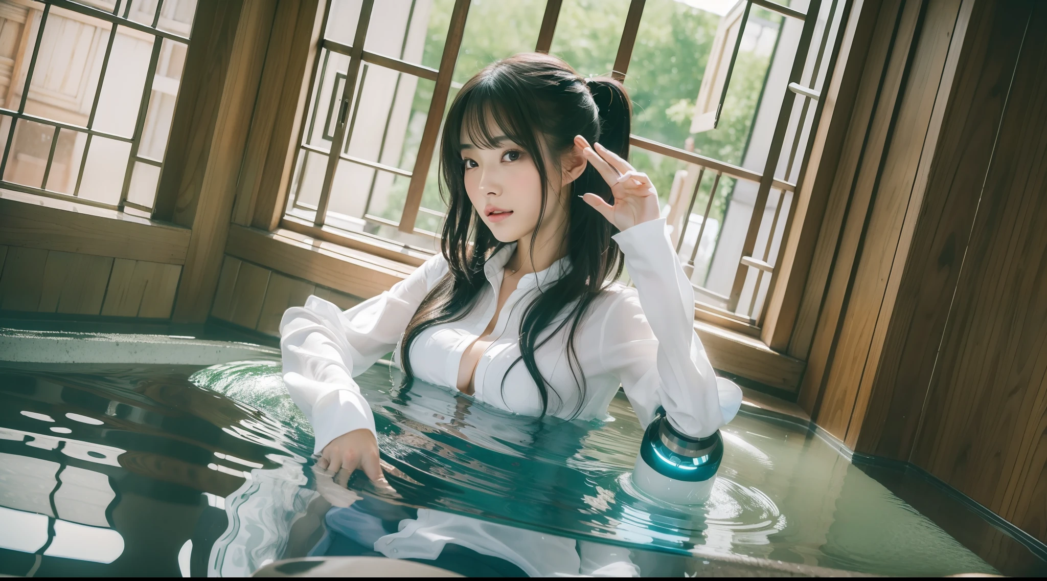 (Top Quality, 8k, 32k, Masterpiece, UHD: 1.3), (Charming Japan Female Pictures), 1 Girl, (Semi-Long Black Hair), Perfect Body, Ultra Detailed Face, Detailed Lips, Fine Eyes, Double Eyelids, White Shirt, (Seductive), Big, Beautiful Asian Girl, Window, Sunshine, (Robot at Hand), Bathing, Dutch Angle Shot, Full Body