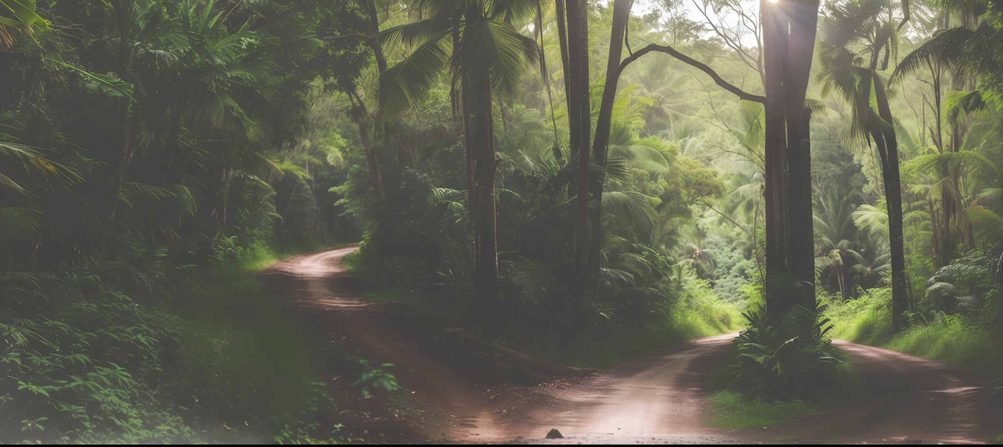 there is a dirt road that is surrounded by tropical trees and bushes, ligjt trail, hiking trail, on forest path, forest trail, with lots of vegetation, medium wide shot, captured with sony a3 camera, high light on the left, wide shot photo, view from the distance, a wide full shot, taken with sony a7r camera, wooded environment