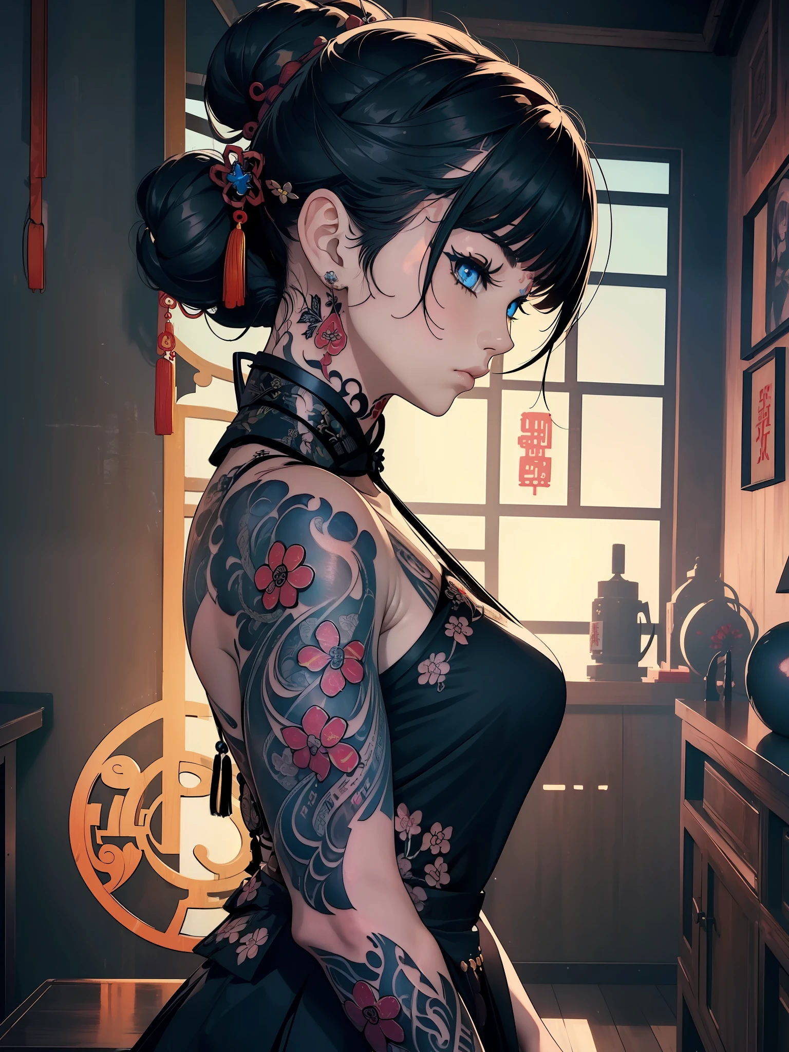 (masterpiece best quality:1.4),1girl, (tattoo of chinese text:1.5), solo, hair flowers, long hair, blue eyes, looking at viewer, medium breast, tattoo, black hair, tassel, bare shoulders, mecha, bangs, upper body, earrings, indoors, nape, off shoulder, jewelry, eyelashes, lips, profile, hair bun, piercing, single hair bun,