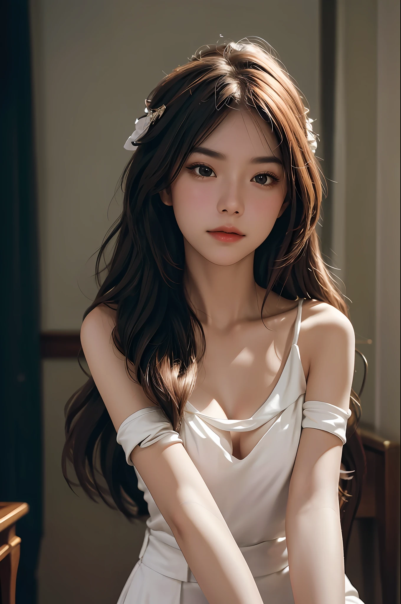 Generate an image of a young girl, taken with a Nikon D850 camera and a Nikon AF-S NIKKOR 70-200mm f/2.8E FL ED VR lens. The lighting setup should aim for high key lighting, creating a soft and ethereal atmosphere. Emphasize a shallow depth of field to enhance the subject's prominence. The aspect ratio of the image should be 2:3, typical of a photograph from the 1930s