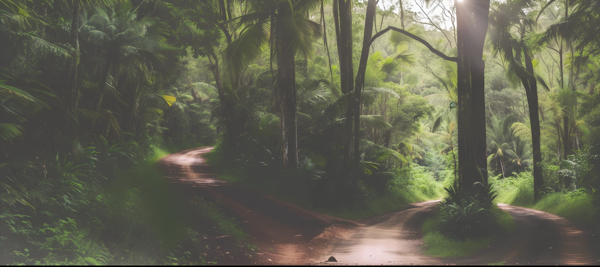 there is a dirt road that is surrounded by tropical trees and bushes, ligjt trail, hiking trail, on forest path, forest trail, with lots of vegetation, medium wide shot, captured with sony a3 camera, high light on the left, wide shot photo, view from the distance, a wide full shot, taken with sony a7r camera, wooded environment