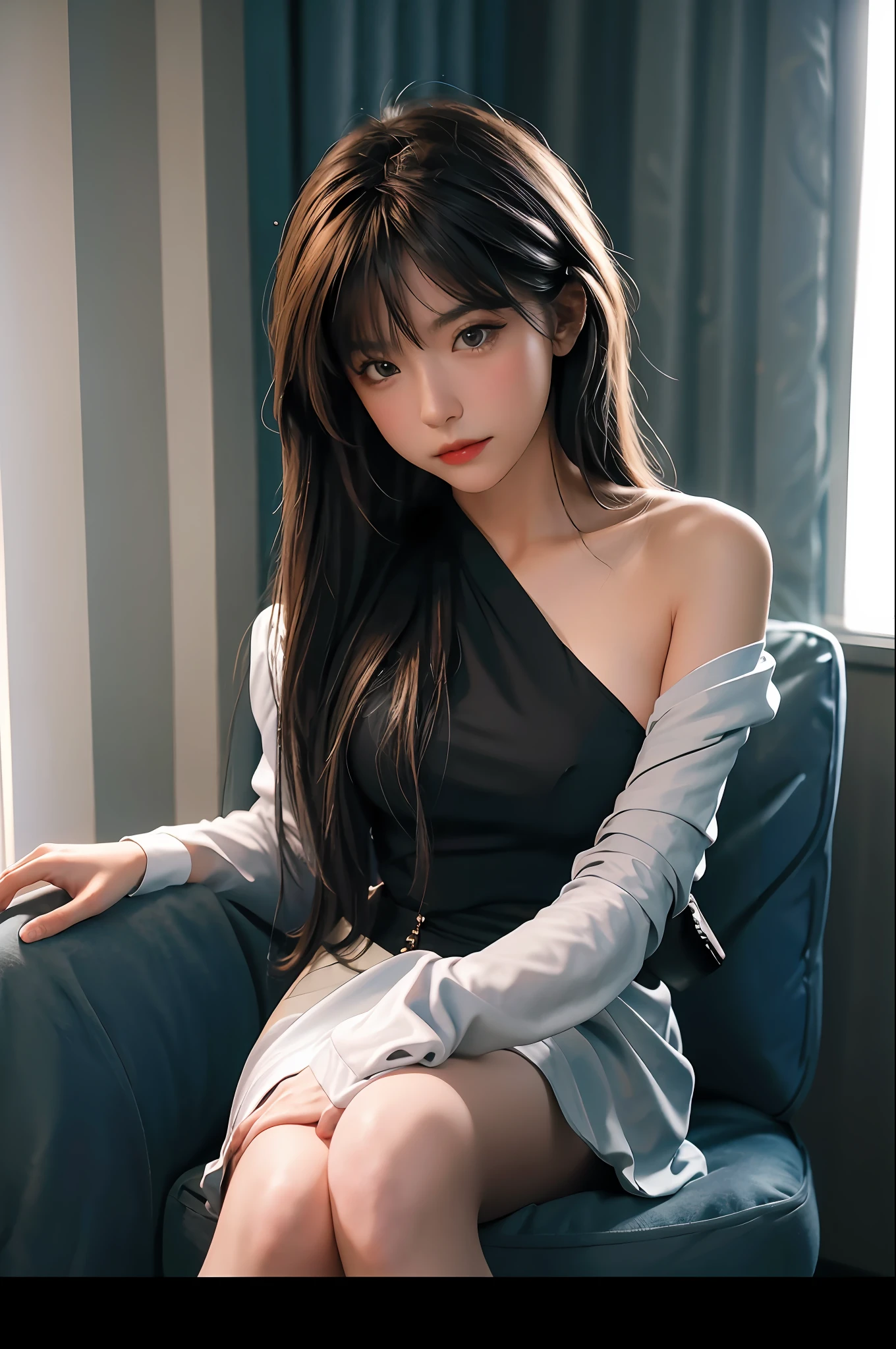 Generate an image of a young girl, taken with a Nikon D850 camera and a Nikon AF-S NIKKOR 70-200mm f/2.8E FL ED VR lens. The lighting setup should aim for high key lighting, creating a soft and ethereal atmosphere. Emphasize a shallow depth of field to enhance the subject's prominence. The aspect ratio of the image should be 2:3, typical of a photograph from the 1930s
