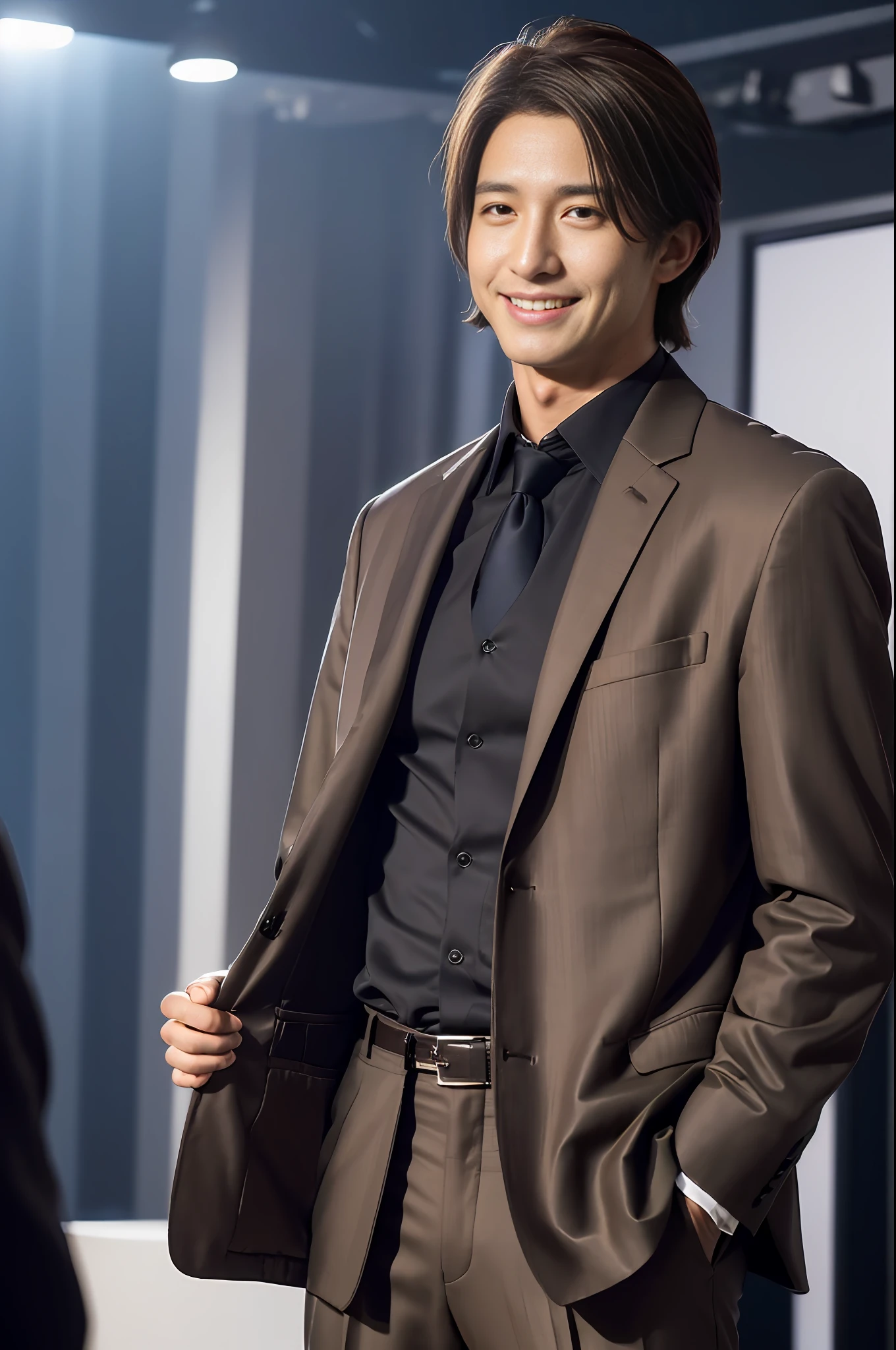 ((Realistic lighting, Best quality, 8K, Masterpiece: 1.3)), Clear focus: 1.2, 1man, Front lens, Perfect figure beauty: 1.4, ((dark brown hair, short hair)), (Jacket with suit underneath shirt and trousers: 1.4), (In the live room: 1.8), Super fine face, fine eyes, smile