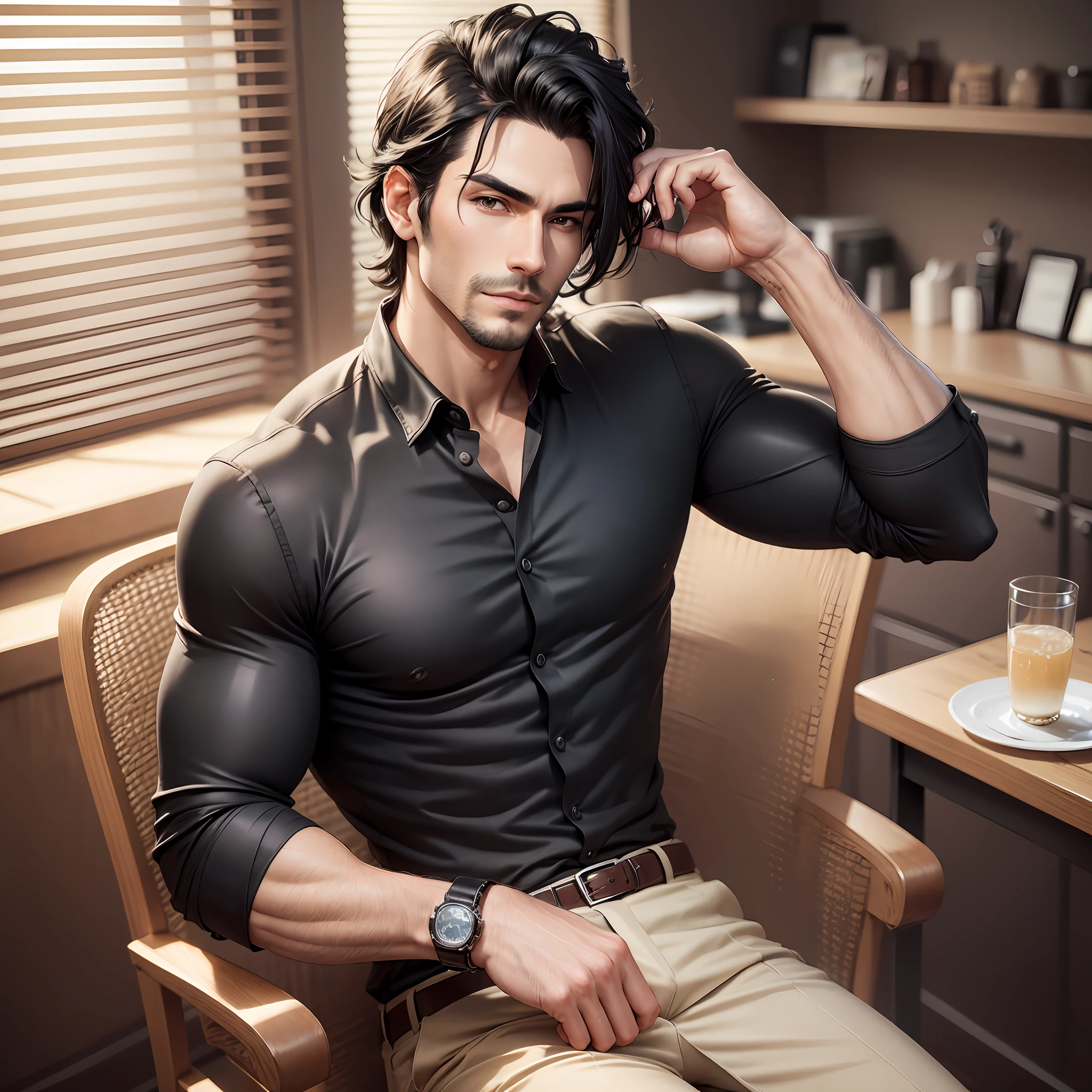 Best Quality, Ultra High Resolution, 4k, Instagram, Highly Detailed, Fair Skin, 40s, Handsome, Dandy, Very Well-Groomed Black Hair, 7:3 Hairstyle, Men, Muscular, Looking at the Camera, Being in the Room at Home, High Quality, Japan Person, Sitting in a Chair, Facing Forward, Wearing a Black Undershirt That Looks Like It's Ripping --auto --s2