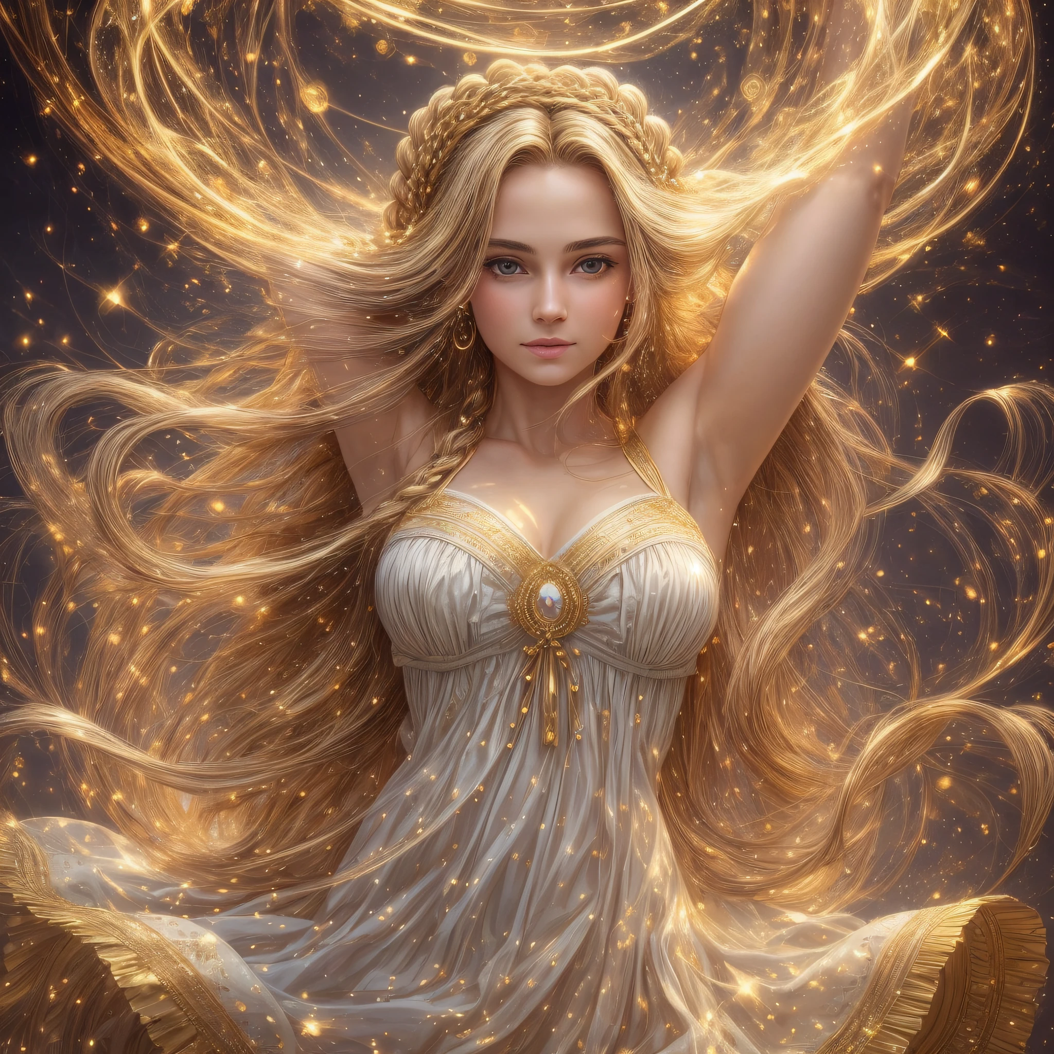 best quality, masterpiece, upper body,
(adult:1.6) hungarian woman, (smirk:0.4), arms behind head,
braided golden hair,
sparkling eyes,
victorian sundress,
floating light particles, centered, --auto --s2