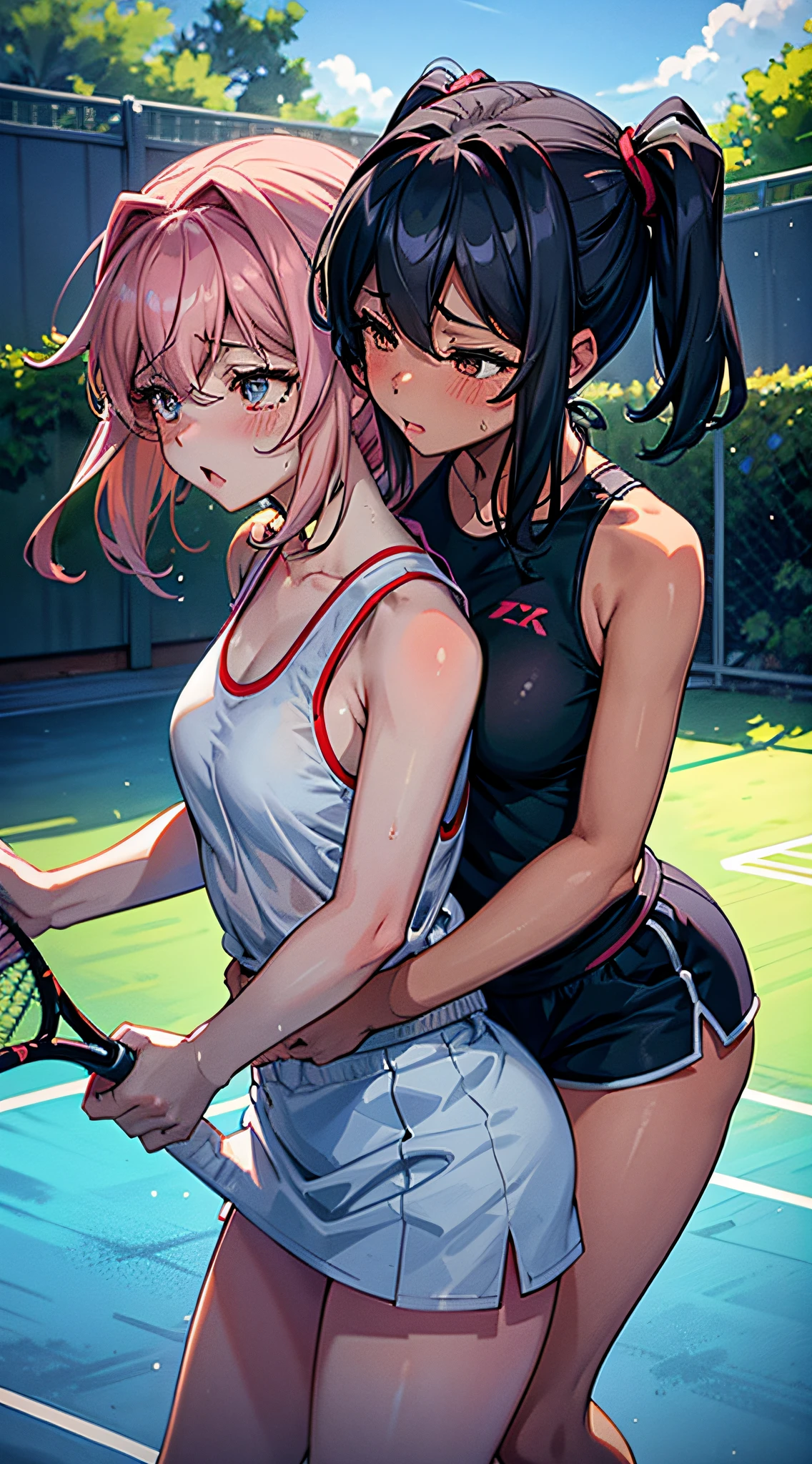 Two women having fun on the tennis court, lewd: 1,2, hentai: 1,2, NSFW: 1,2, lesbian micah: 1,2, grabbing each other's ass, kissing, blushing, wet sleeveless t-shirt, shorts, anatomically correct