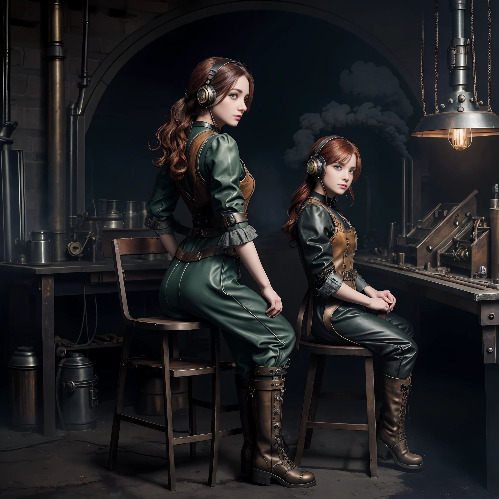 photorealistic, perfect anatomy, realistic character, hyper photorealism, very high contrast lighting, street photography, cinematic lighting, dramatic lighting, shot from the back, (((a girl on a chair is repairing a machine in the steamy smoky workshop))), (a 19 yo girl, (Ana de Armas:0.70), (redhead:1.1)), very cute, (perfect eyes:1.1), photorealistic wavy hair, a girl in a steampunk jumpsuit in light gray color, intercom headset, steampunk choker, long leather boots, perfect detailed face, detailed symmetric green eyes with circular iris, fixing a steam engine in the steampunk garage filled with steam and smoke, cogs and gears, steamy background with lots of steam pipes and steam valves and pressure gauges and gears, intricate background, very highly detailed costume, very highly detailed background, steampunk fantasy style, steampunk , steampunk aesthetic, steamy, smoky