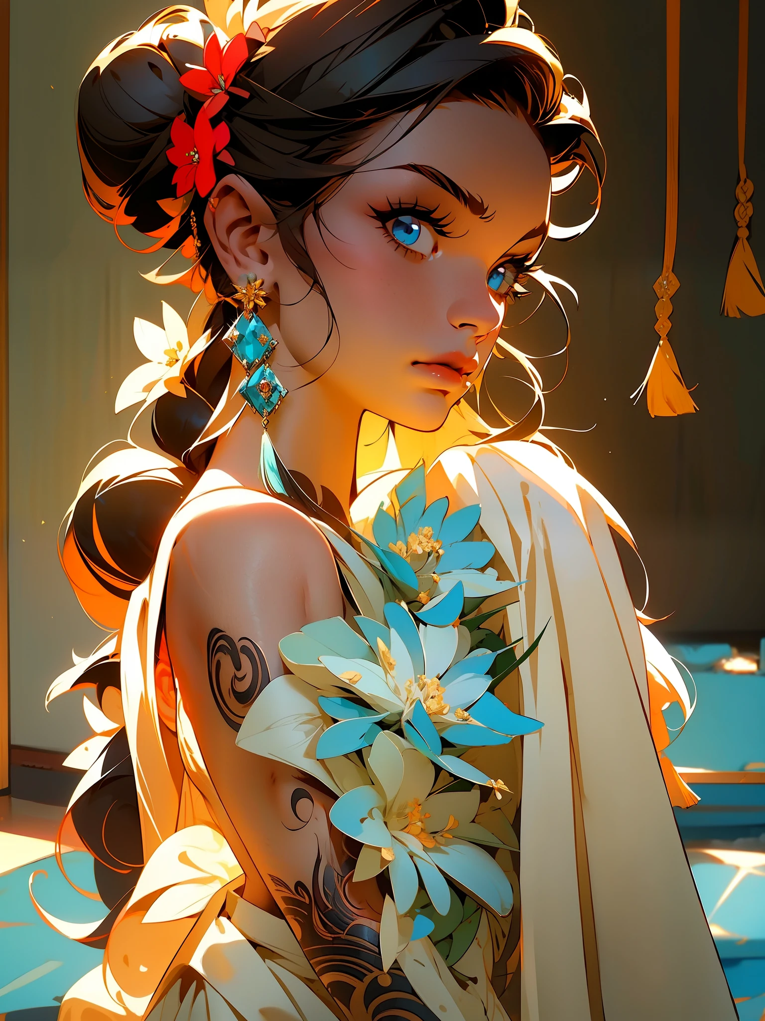 masterpiece best quality,1girl, solo, hair flowers, long hair, blue eyes, looking at viewer, medium breast, tattoo, black hair, tassel, bare shoulders, mecha, bangs, upper body, earrings, indoors, off shoulder, jewelry, eyelashes, lips, profile, hair bun, piercing, single hair bun,